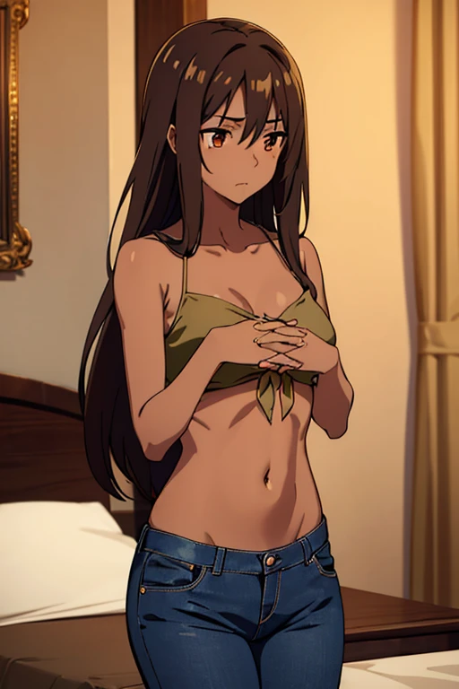 ((best quality)), ((masterpiece)), (detailed), perfect face, brown skin anime girl in a deep V Neck front-tie top, (bare shoulders), (jeans trousers), famished in hunger, (gently resting hands on stomach), (long hair), (hands on her stomach)