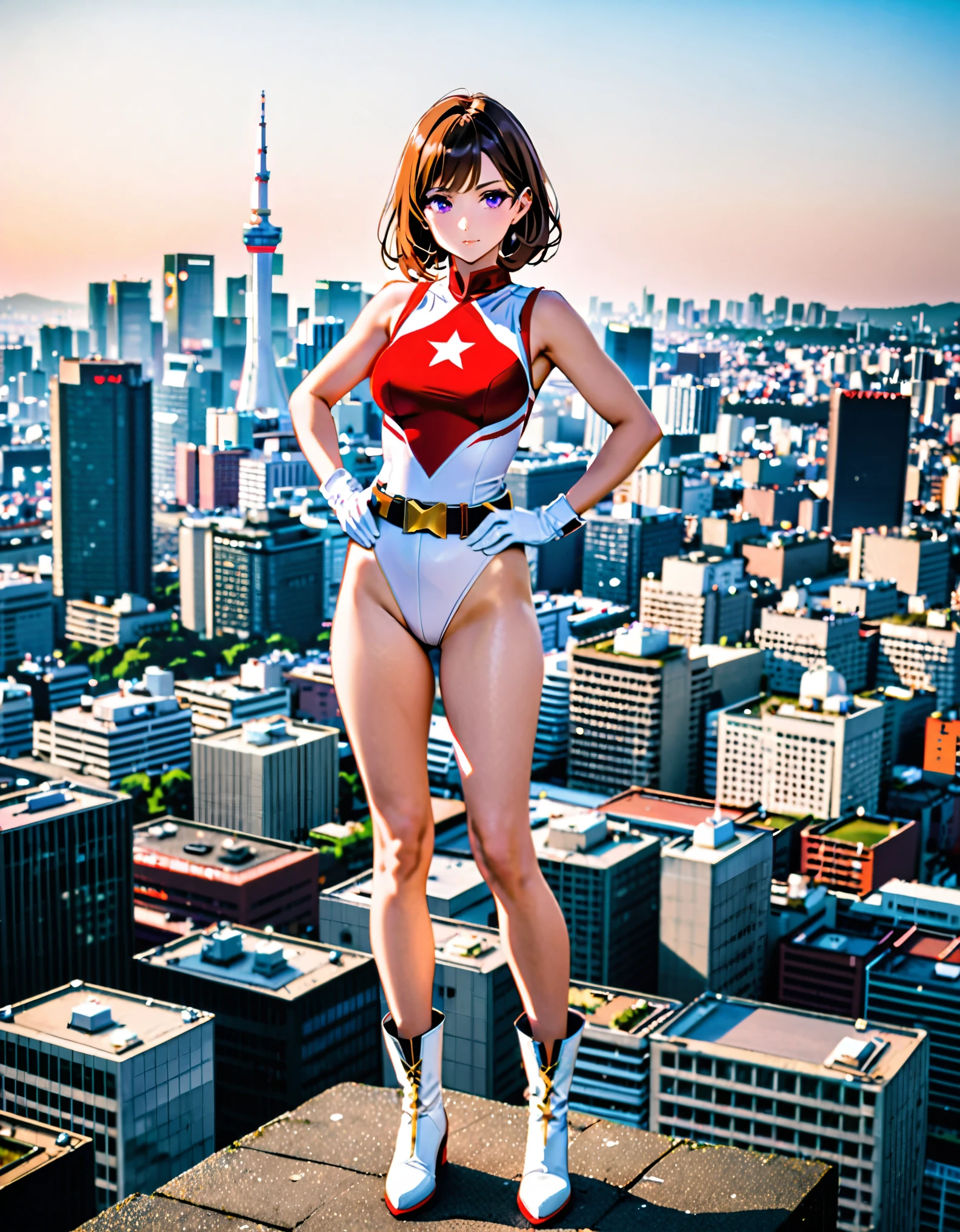 (masterpiece), (best quality), (high res), medium breasts, ((leotard, white and red leotard, matching leotard, sleeveless, bare legs)), ((tight belt, gold belt)), ((boots, matching boots, ankle-high boots, white boots)), ((gloves, white gloves)), city backdrop, tokyo city backdrop, solo, single, hands on hip, standing, ((full body shot)), cowboy shot, superhero, ((beautiful detailed eyes)), ((gold star symbol on chest)), (brown hair, medium hair, bob hair, purple eyes), (perfect anatomy). full body costume design.