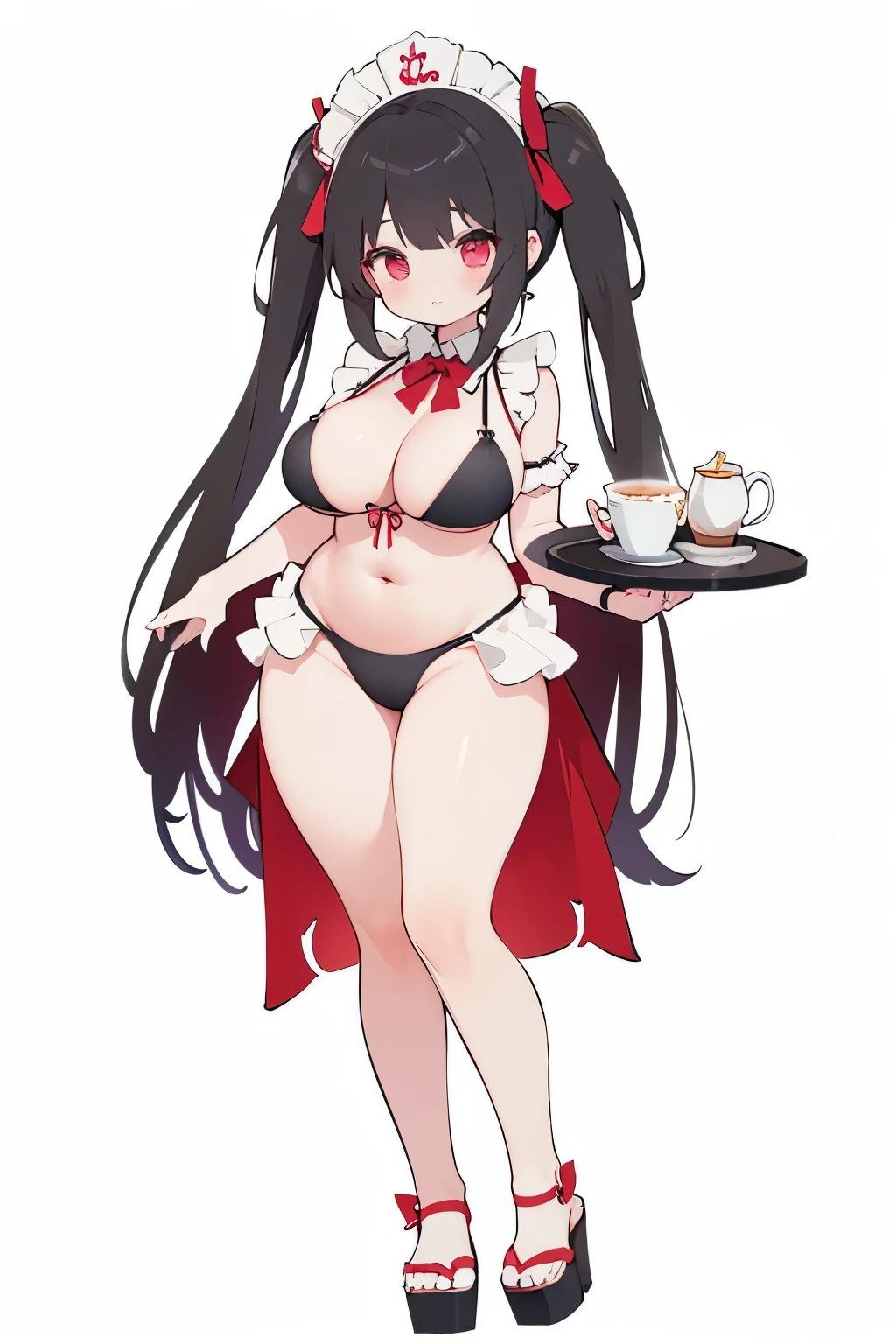 adult succubus bikini maid waitress big full body sexy pose standing on feet holding one tray with tea on right hand white background