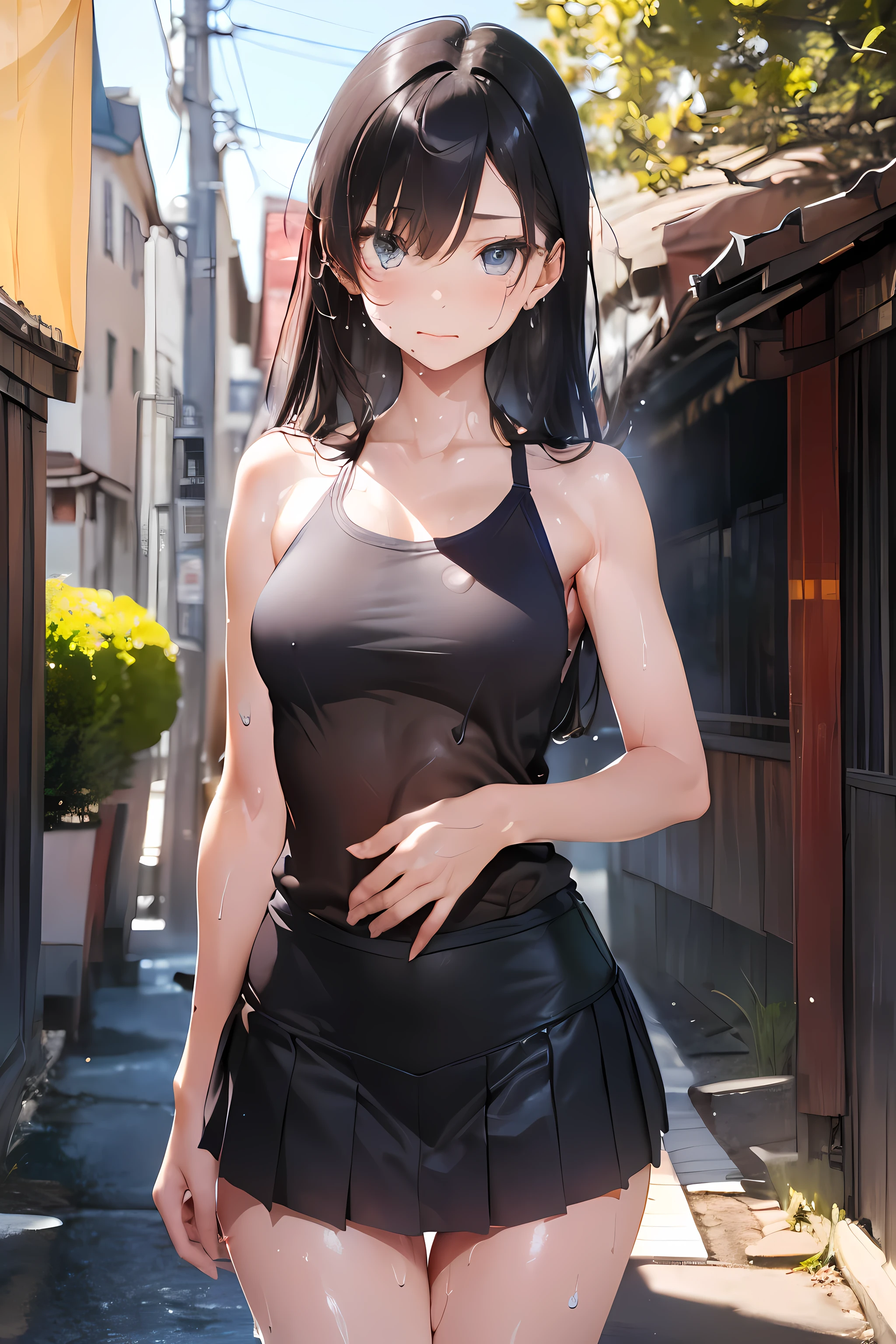 1shot,((perfect anatomy:1.3,realistic:1.3,RAW Photography:1.3,masterpiece、highest quality、Ultra - High resolution、High resolution、Highly detailed CG、8K)),nsfw,cowboy shot,1 female,solo、14 year old beautiful girl,Japanese,((beautiful detailed face and eyes,gorgeous eyes,gray eyes)),black hair,long hair,straight hair,bangs,shy,((medium breasts, ideal ratio body proportions:1.3,slender body,skinny sweat:1.7)),(oily skin,gleaming skin,shiny skin),(camisole、Pleated mini skirt),Outdoor、