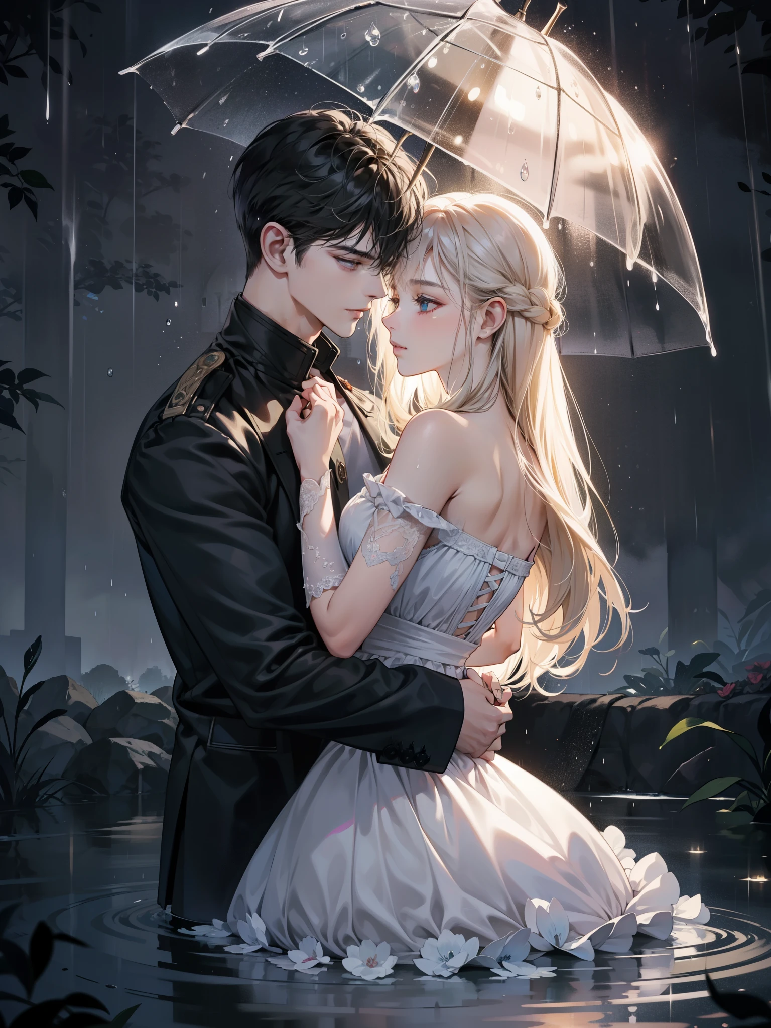Amidst the dark and enchanting night, illuminated only by the soft, glowing raindrops, the fingers of a masculine hand extended towards the delicate, slender digits of a feminine hand. The rain created an intricate narrative on their skin, as it intertwined with their fingers, granting a romantic yet challenging atmosphere. The waters cascaded down their arms, creating a sense of mystery and urgency, as their connection seemed to elude them. The hands danced in the rain, their fingers grazing each other, as if they were attempting to understand the rhythm of each other's touch. Their union was a beautiful dance in the rain, filled with the promise of an un