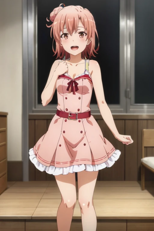 ((highest quality)), ((masterpiece)), (be familiar with), Perfect Face, indoor, Bedroom, Watching the audience,
One woman, Yuigahama Yui,
Open Mouth, Ecstatic expression, blush, smile,
Small breasts, Flat Chest, Young Girl, , , Girl,
Short Hair, Salmon-colored hair, Salmon-colored eyes, Side Pony,
Leg spread,