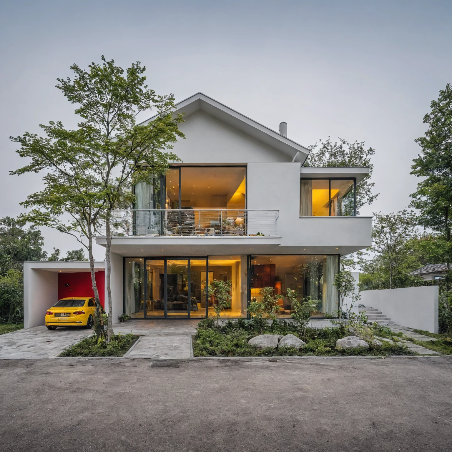 A white modern house, stacked cubes, curved, winding walls, open space, large glass doors, combining red and yellow materials, no human, no person
