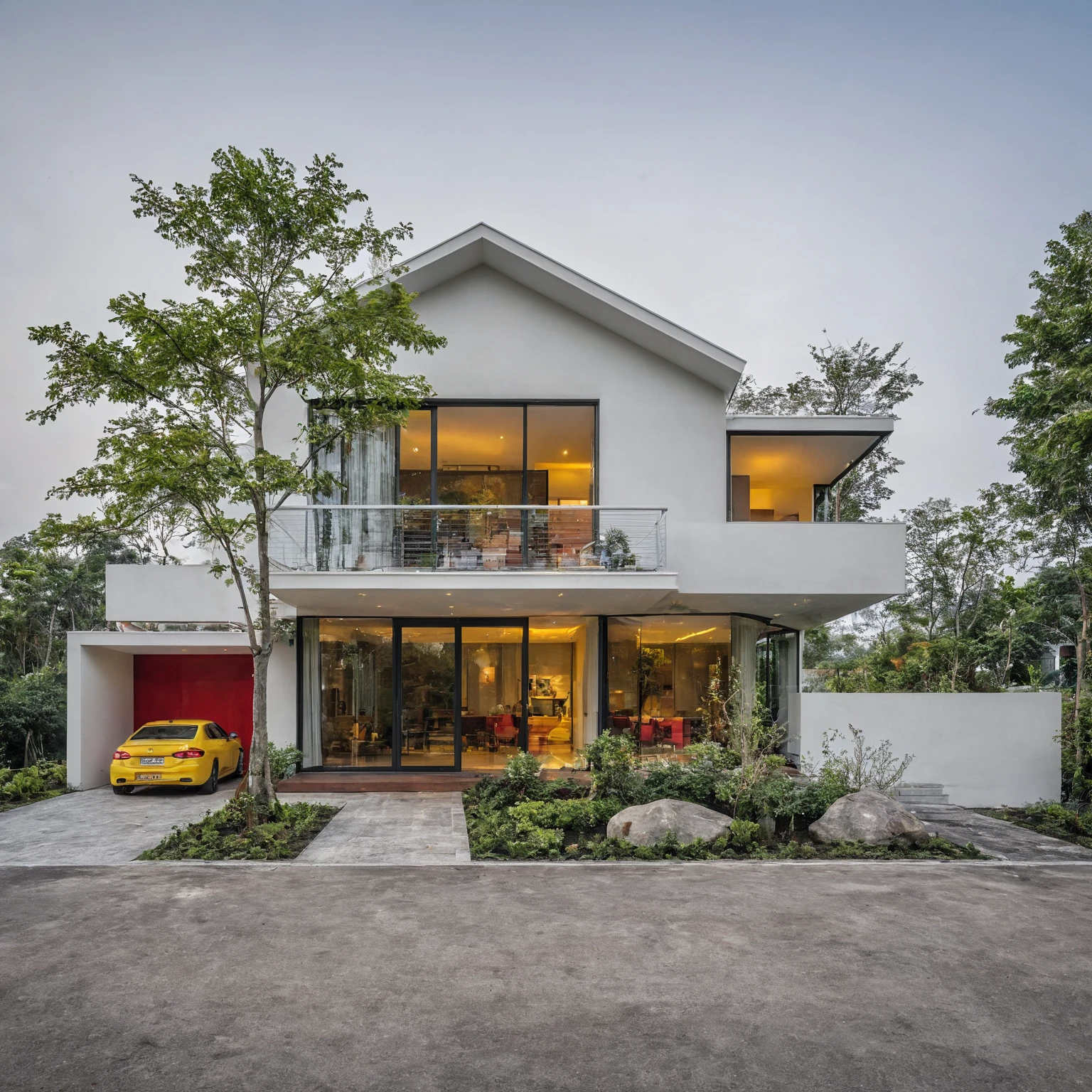A white modern house, stacked cubes, curved, winding walls, open space, large glass doors, combining red and yellow materials, no human, no person