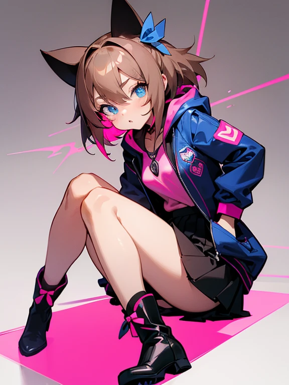Light brown hair with neon pink tips and shades, royal blue eyes, small breasts, black school girl shirt with neon pink bow and white necklace with a Royal Blue orb, a black jacket with a white hood and pockets, black skirt almost reaching her knees with the ends of the skirt being white and having white lines going up, cat socks reaching over her knees with the eyes, inner part of the ears and mouth being neon red and rest black, lastly black boots with neon yellow lines and a small neon yellow star on each side of the boots, anime