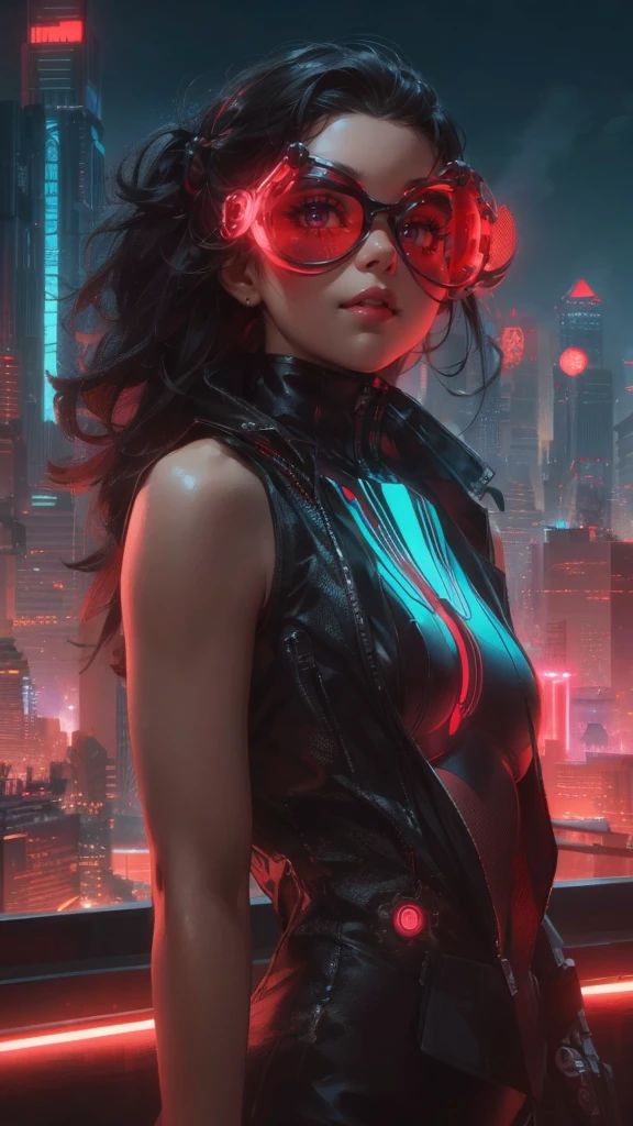 Stunning 8K concept art portrait of a futuristic cyberpunk girl created by Greg Rutkowski, Artgerm, WLOP and Alphonse Mucha. The girl wears innovative glasses with glowing red accents, an elegant layered outfit and intricate body art. The background is a mixture of neon lights, holographic displays and cityscape elements with red poppies, creating a dystopian yet futuristic atmosphere. The artist's signature styles blend seamlessly together, resulting in an impressive and highly detailed masterpiece, Architecture, Portrait Photography, Conceptual Art, Product, Poster, dark fantasy, illustration, conceptual art, fashion