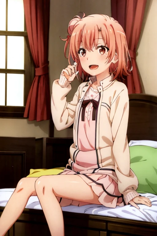 ((highest quality)), ((masterpiece)), (be familiar with), Perfect Face, indoor, Bedroom, Watching the audience,
One woman, Yuigahama Yui,
Open Mouth, Ecstatic expression, blush, smile,
Small breasts, Flat Chest, Young Girl, , , Girl,
Short Hair, Salmon-colored hair, Salmon-colored eyes, Side Pony,
Leg spread,
