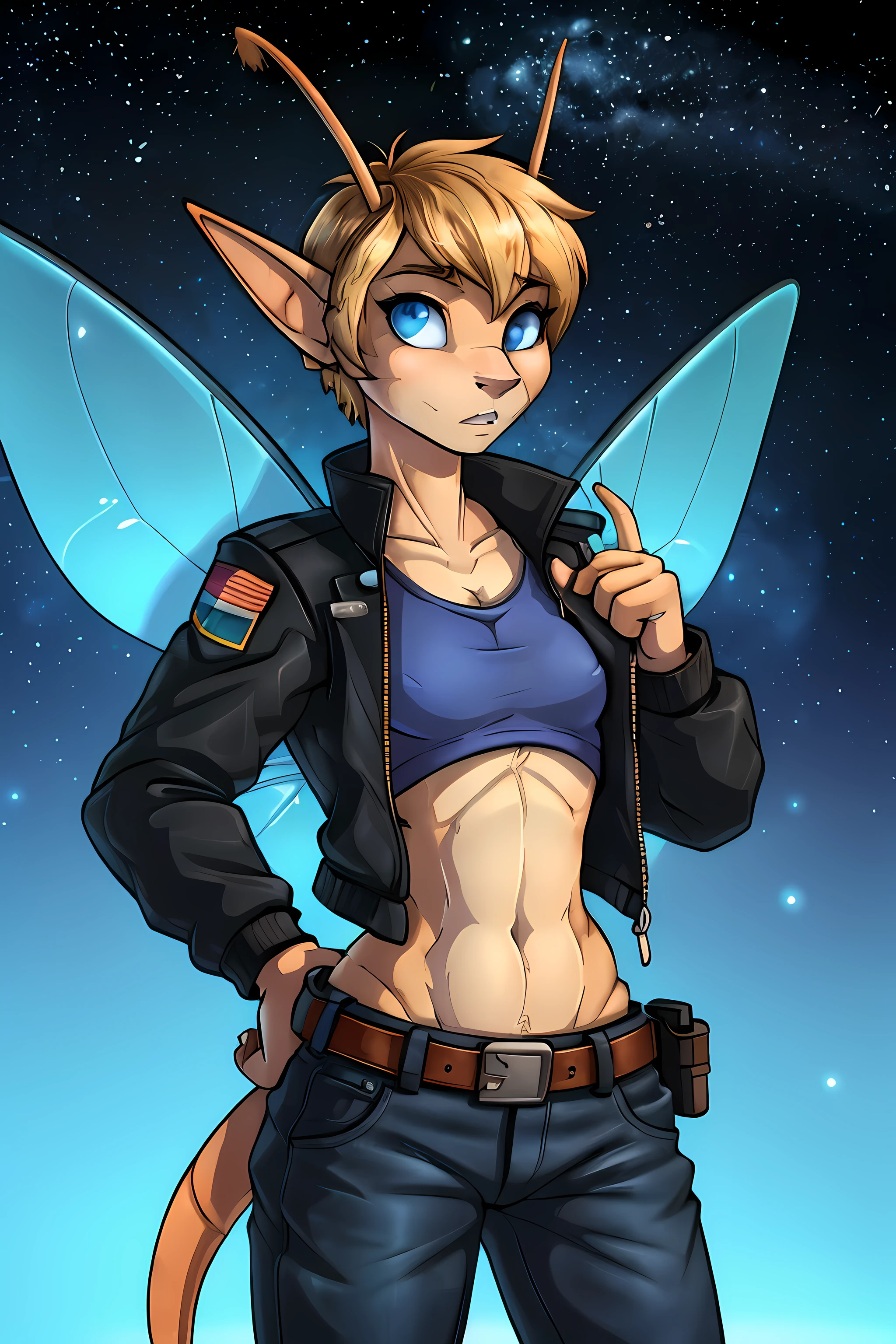 (Tomboy Fairy), Tomboy, pretty face, human nose, space station background, thin body, slim, fit, (long furry antennas:1.5), dark blonde hair, tomboy pixie cut, solid blue eyes, small breasts, adjatha, utility belt, cropped jacket, black tanktop, jean pants, SFW, blue insect wings, elf