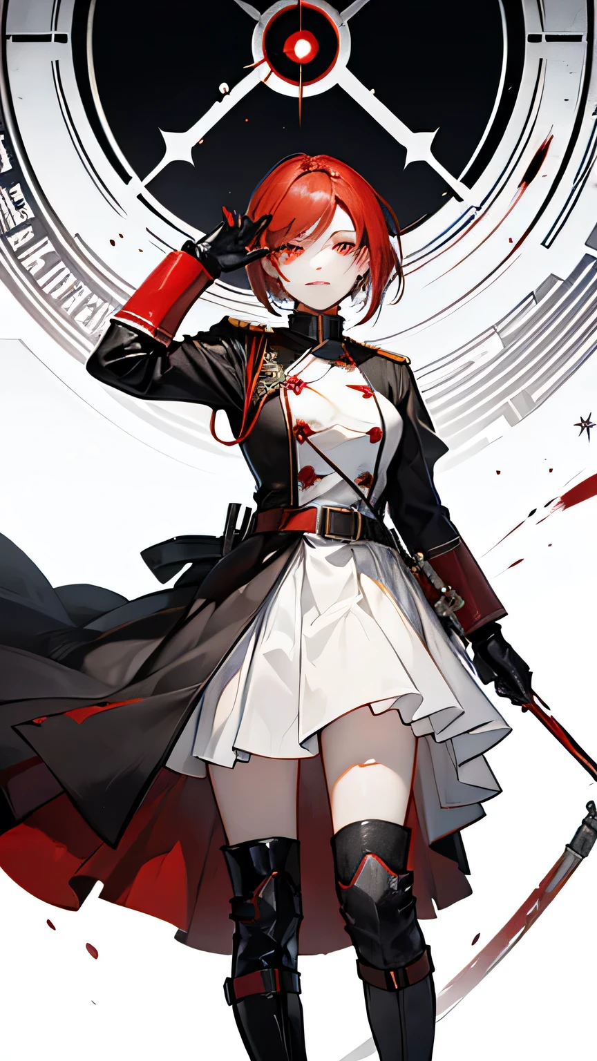 Nightingale, Red hair , red eye, white glove, red nuse soldier uniform, black skirt, black boot,Cool, blood, don't smile,