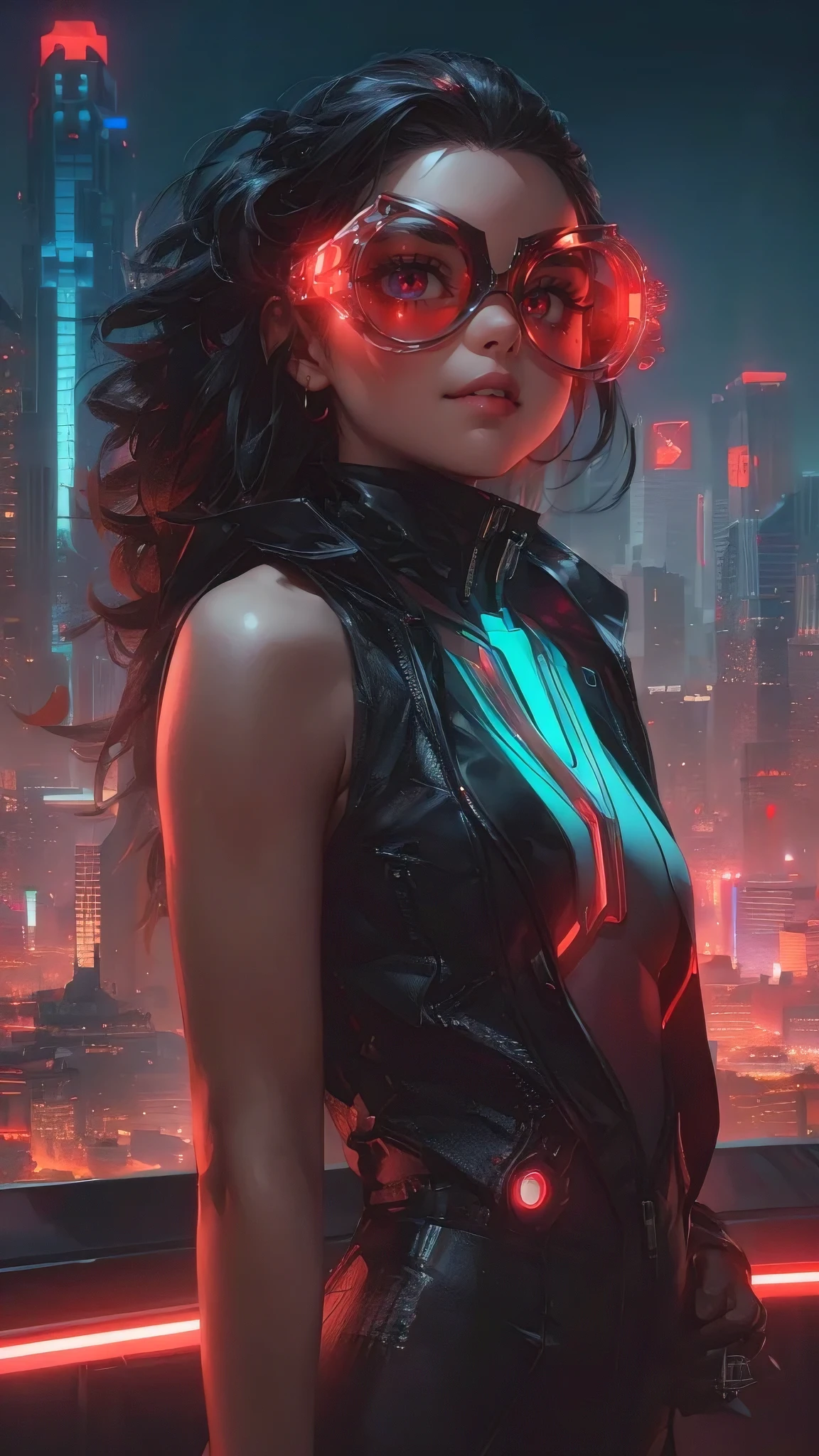 Stunning 8K concept art portrait of a futuristic cyberpunk girl created by Greg Rutkowski, Artgerm, WLOP and Alphonse Mucha. The girl wears innovative glasses with glowing red accents, an elegant layered outfit and intricate body art. The background is a mixture of neon lights, holographic displays and cityscape elements with red poppies, creating a dystopian yet futuristic atmosphere. The artist's signature styles blend seamlessly together, resulting in an impressive and highly detailed masterpiece, Architecture, Portrait Photography, Conceptual Art, Product, Poster, dark fantasy, illustration, conceptual art, fashion