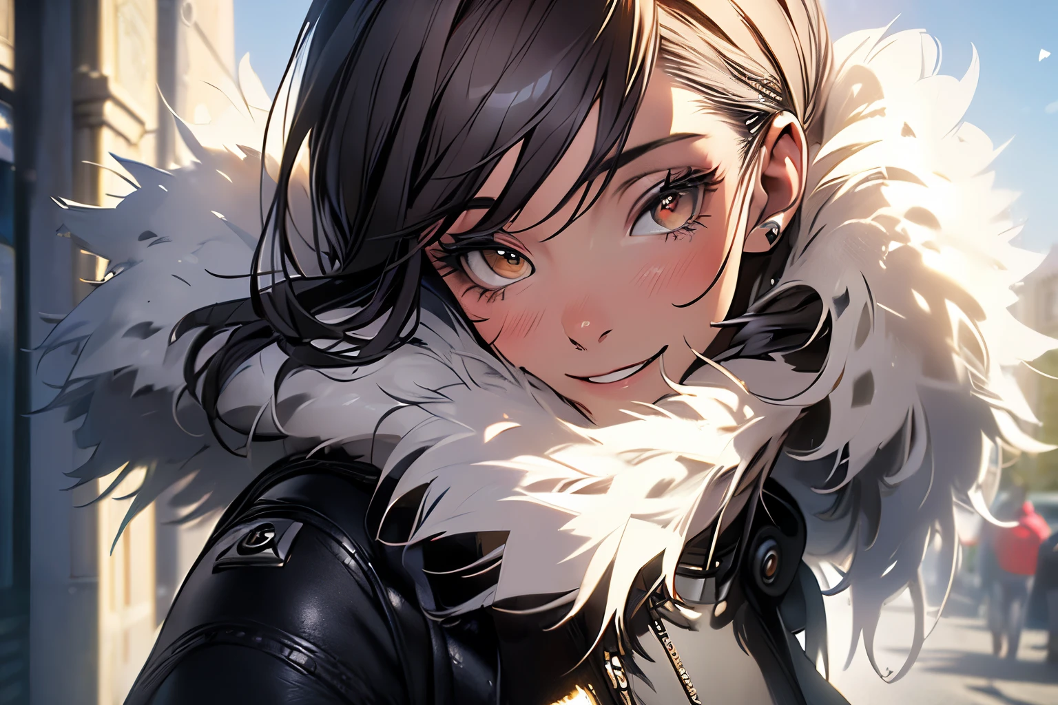 ((masterpiece, 8K, photo realistic:1.4)) Italian woman, 31 years old smiling on camera, wearing grey mini skirt and long white fur jacket, posing as a instagram influencer model, seductive, appealing, magazine cover picture