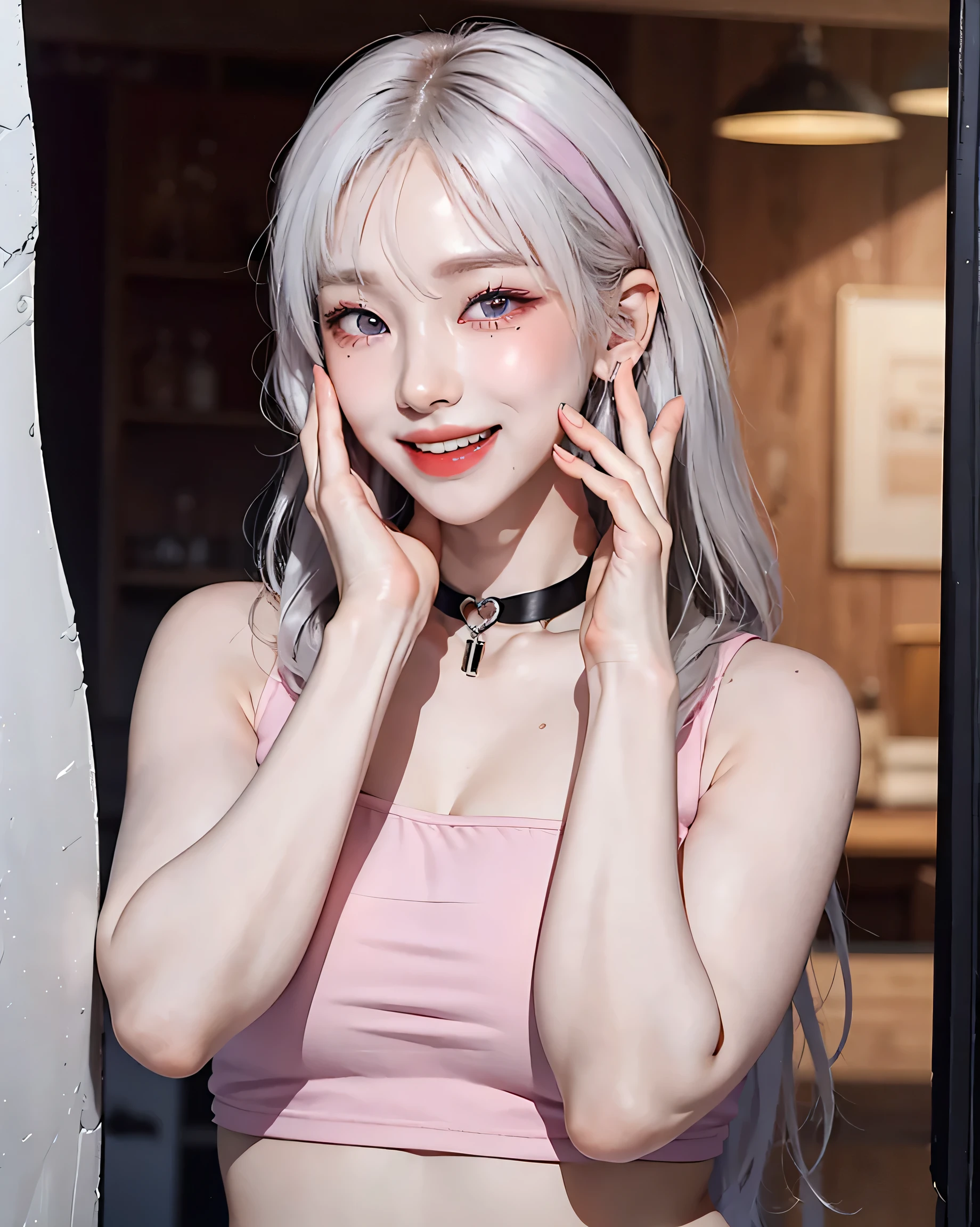 One girl,heart-shaped pupils,nail,put your hand on your face,Gray Hair,Purple eyes,(blush:1.1),choker,Upper Body,trembling,Sweat,Sweatdrop,heart,(Speed Line:1.1),Medium chest, ((Heavy breathing:1.3)), like, heart, Crop top, Happy, smile
