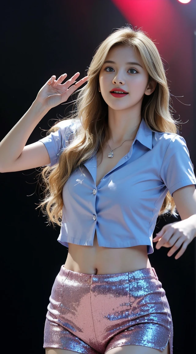 1 girl, (blue eyes), happy face, ((Sana Minatozaki)), wide hips, big , ตูดbig, (best quality, 8k, Masterpiece: 1.3), Clear focus: 1.2, perfect body beauty : 1.4, Slender stomach: 1.2, Highly detailed facial and skin textures, Detailed eyes, Double eyelids, (long blonde hair), (Sequined shirt and shorts), K-pop, Idol, (sing and dance), (On stage), in concert