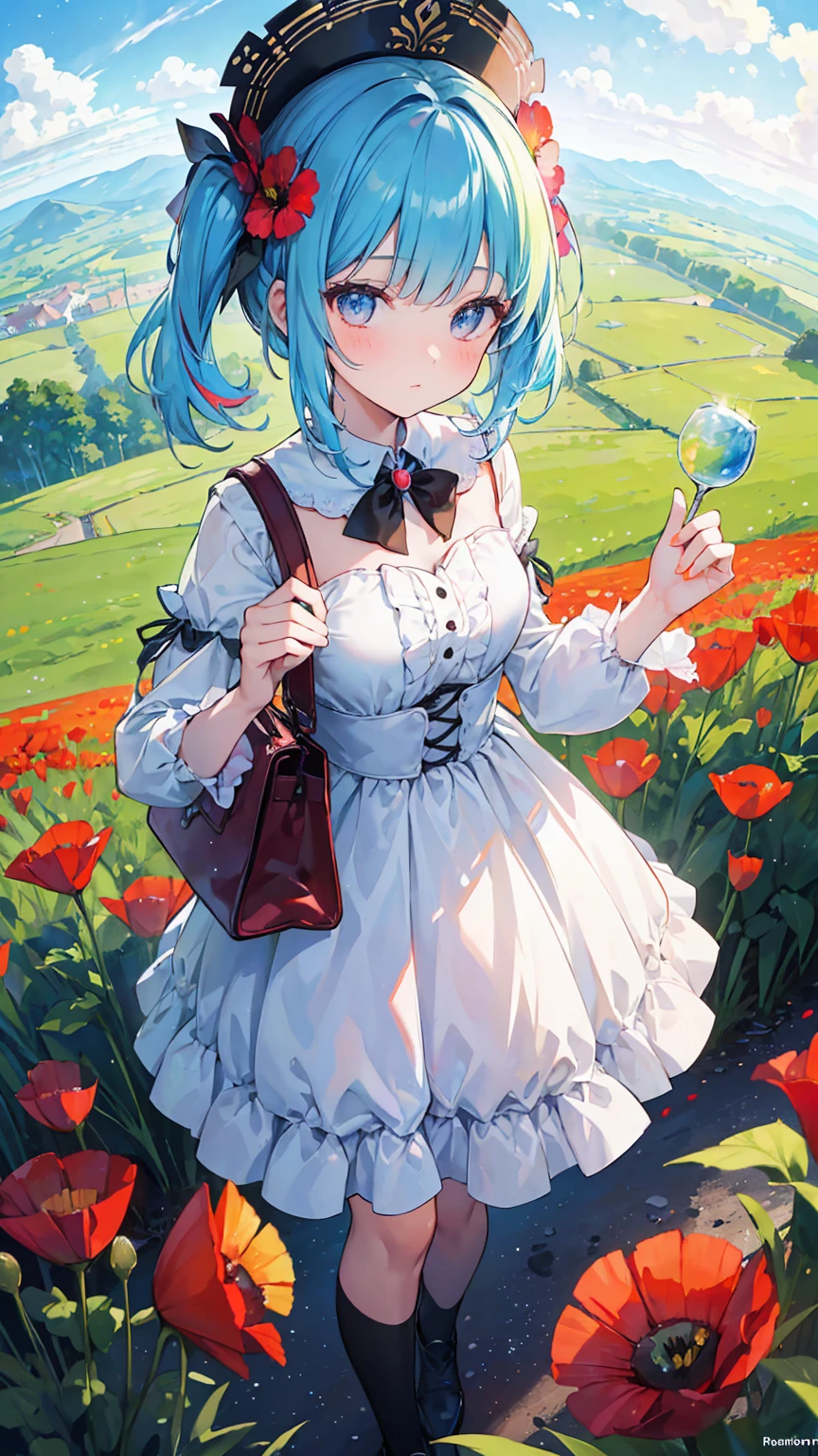 (masterpiece, best quality), (colorful:1.4), from above, solo, 1girl standing in a field of enchanted poppies that sing melodies of ancient tales, with a bag of potions brewed from starlight and dewdrops, depth of field, fisheye lens