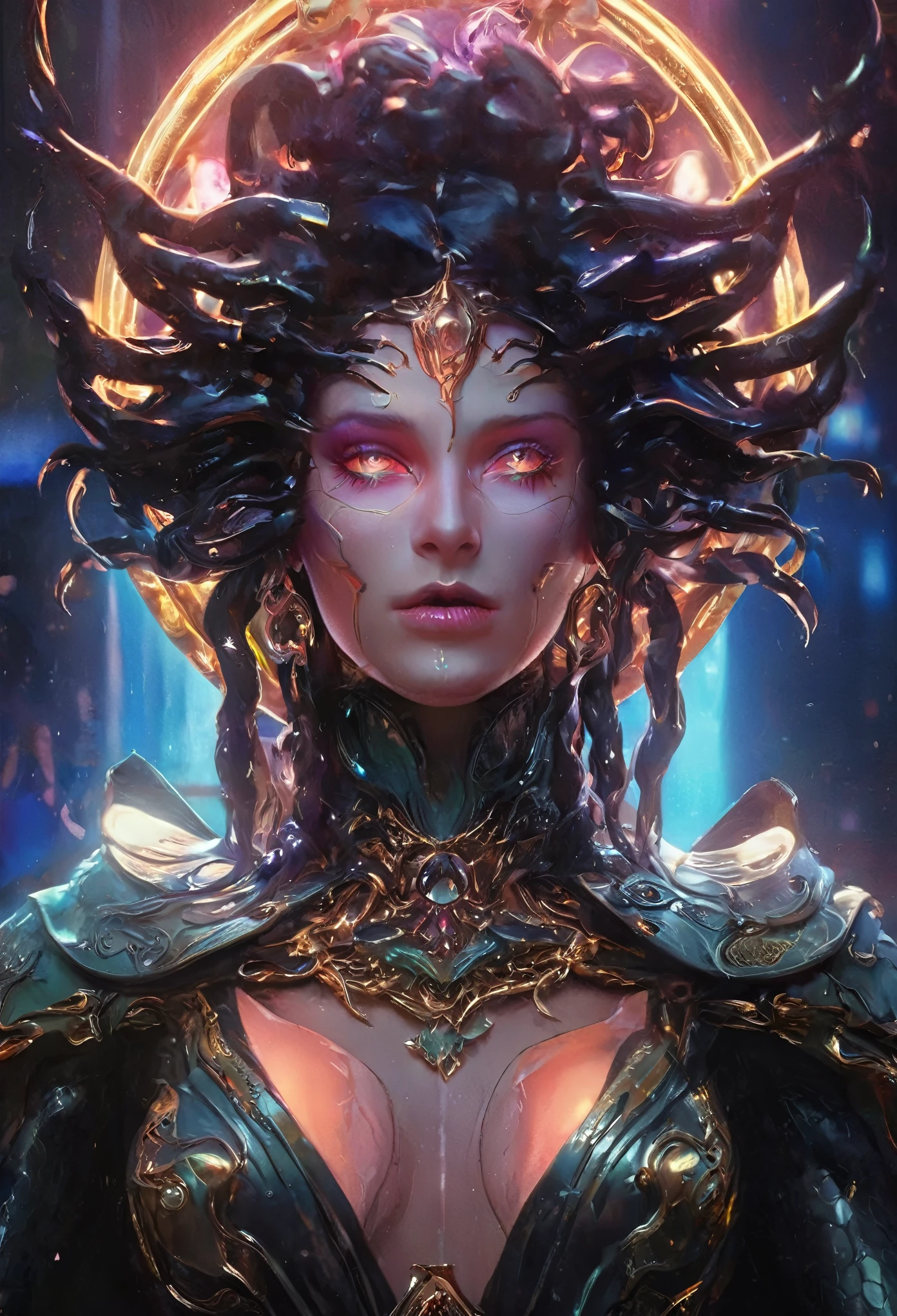 (highres,masterpiece:1.2),(realistic:1.37),(best quality, highres, ultra-detailed, realistic), mesmerizing cyberpunk dark fantasy, Medusa in all her sinister beauty, with six serpent arms gracefully intertwined. (Her radiant eyes:1.6), hypnotic and piercing, capture the essence of a demonic queen. The details of her face, meticulously crafted, reveal every delicate scale and unique pattern. The atmosphere surrounding her is filled with an otherworldly aura, bathed in a mix of neon lights and shadows. The backdrop resembles a movie scene, with hints of an ominous underworld. This portrait presents a close-up shot, focusing on the captivating visage of the goddess, portraying her as a captivating and formidable presence in the realms of darkness, the most beautiful face in the universe, erotic face, sensual face,（NSFW:1.3）