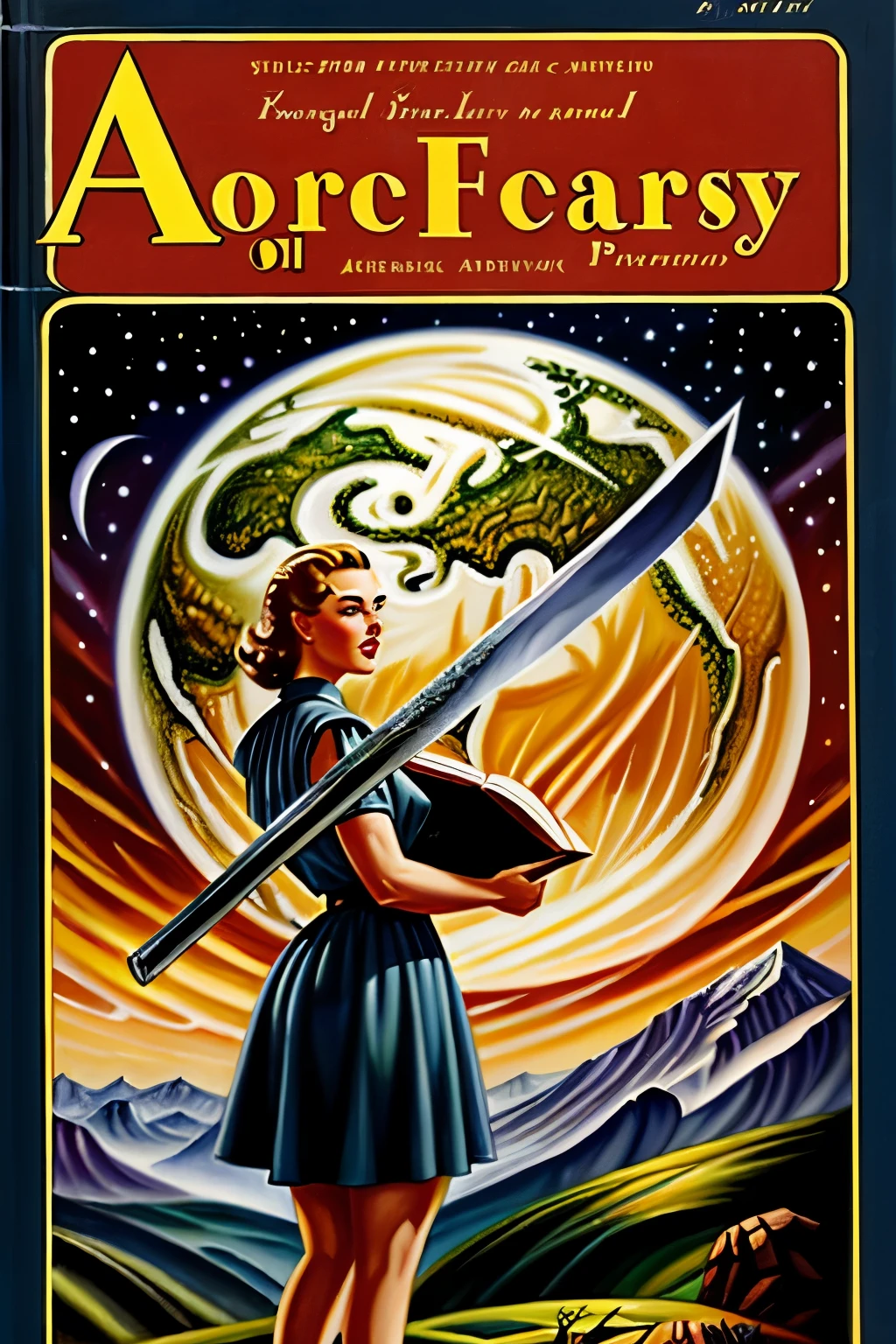 oil painted illustration of a 1940s sword and planet fantasy book cover 