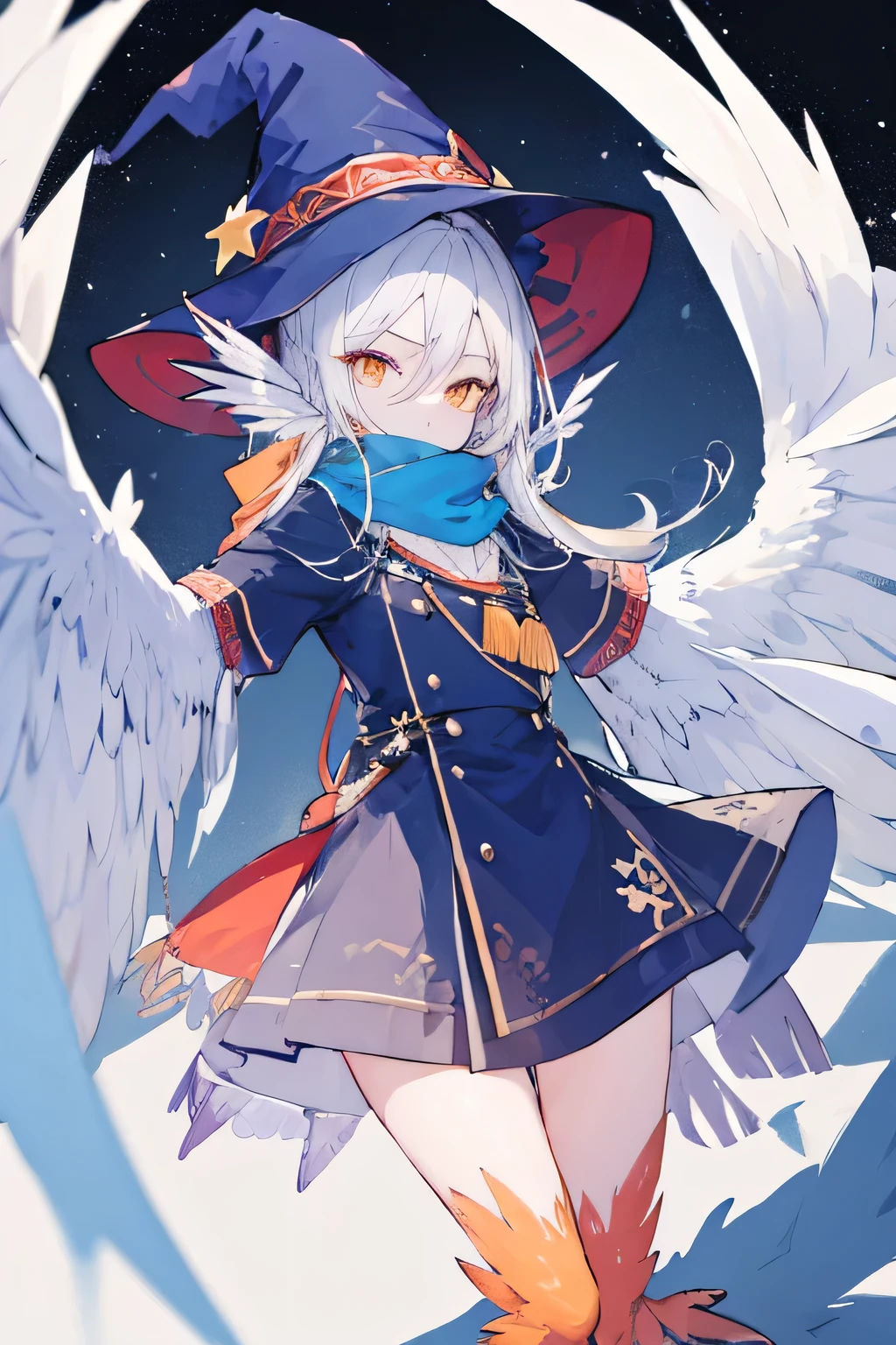 ((harpy winged arms:1.4)),white,blunt cut ,orange eyes,blue scarf,witch hat,white feather