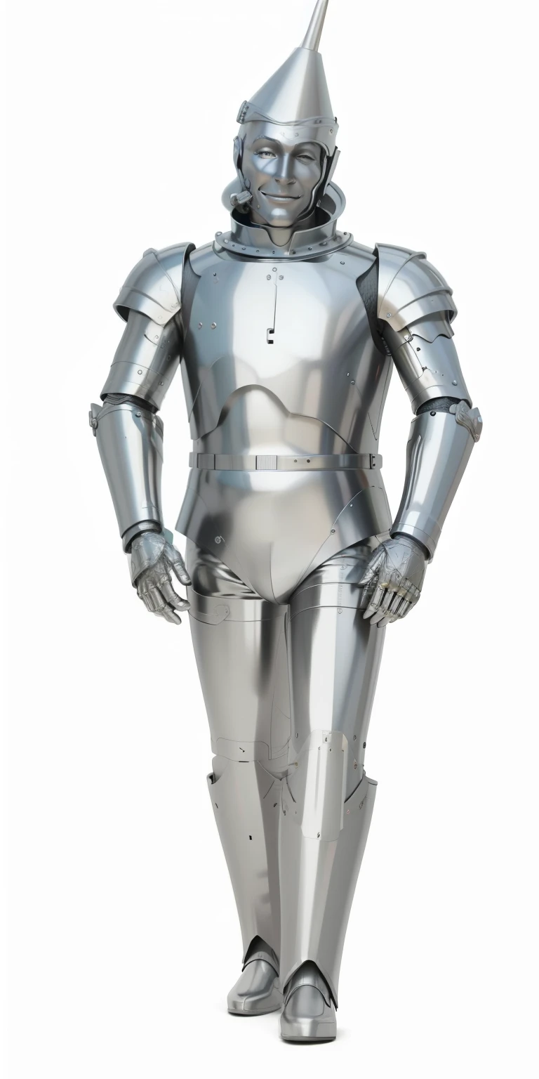 Masterpiece image of a tin man, full body, handsome, smiling, made of tin and shiny, from the wizard of Oz. dynamic lighting, empty white background, by Skyrn99, full body, (((rule of thirds))), high quality, high detail, high resolution, long exposure: 2, high quality, 8K Ultra HD, 3D effect, 3D rendering, octane rendering
