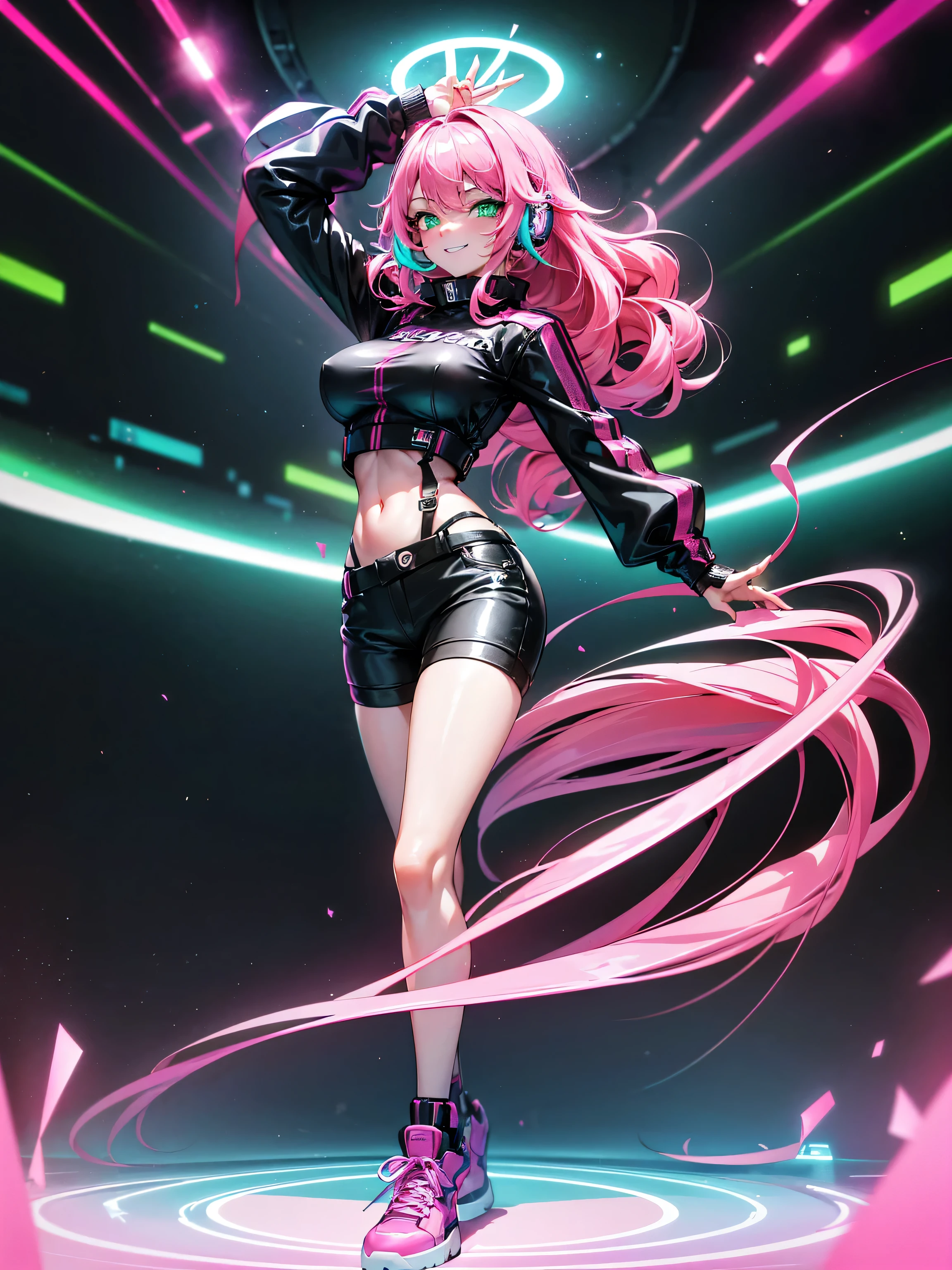 masterpiece:1.4, 1girl ((20year old, dressed in long sleeve shirt, tight black shorts, sneakers, medium breasts, multicolor pink hair, curly long hair, perfect model body, green eyes:1.4, Wearing headphones, looking up, happy, smiling, flirting, standing on a stage at a concert, dancing, neon lighting and colorful, futuristic dance club, futuristic and exciting atmosphere)) ((solo))
