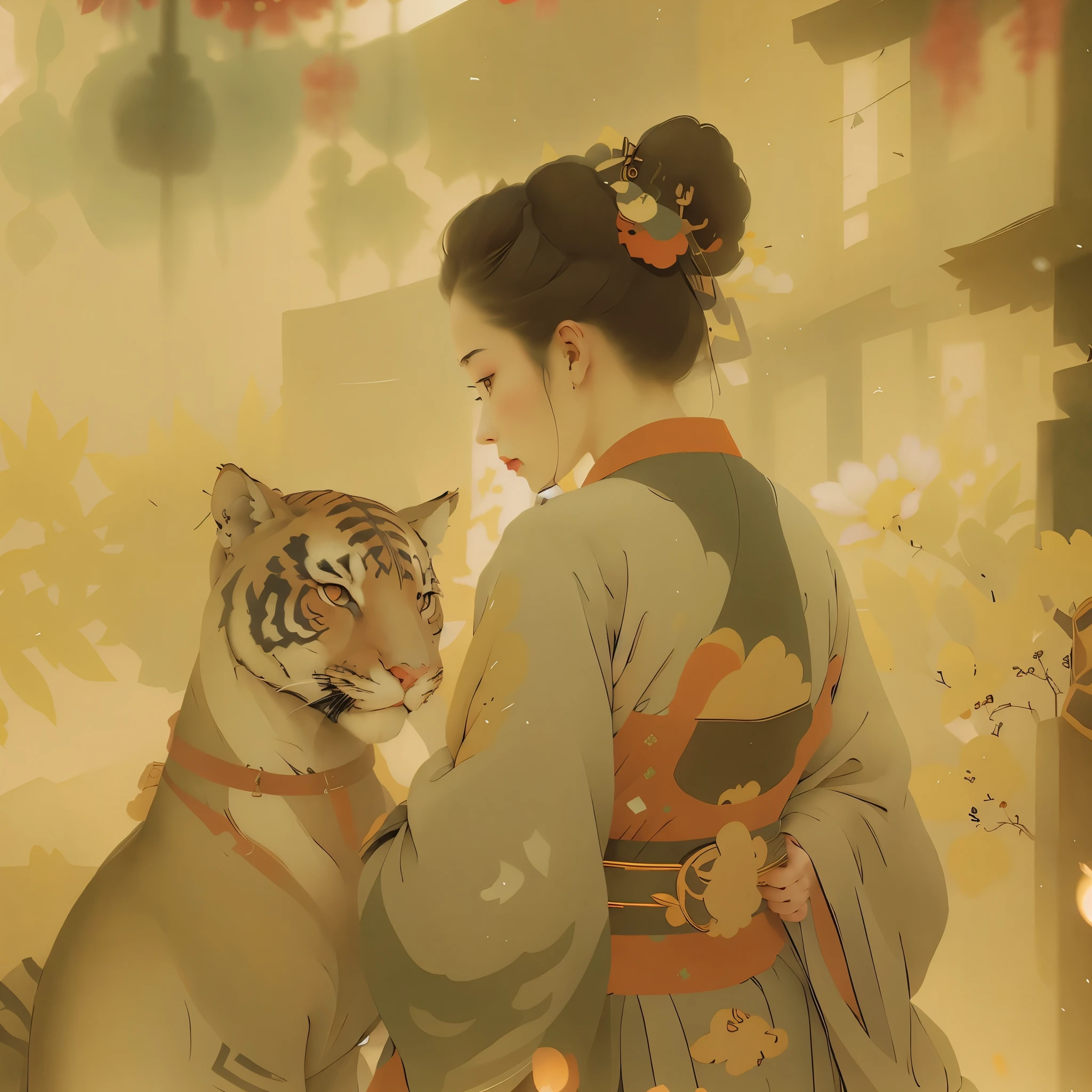 maestraa  samurai, guerrero de las artes marciales, admirando la naturaleza, observando al gato, tigre, blanco