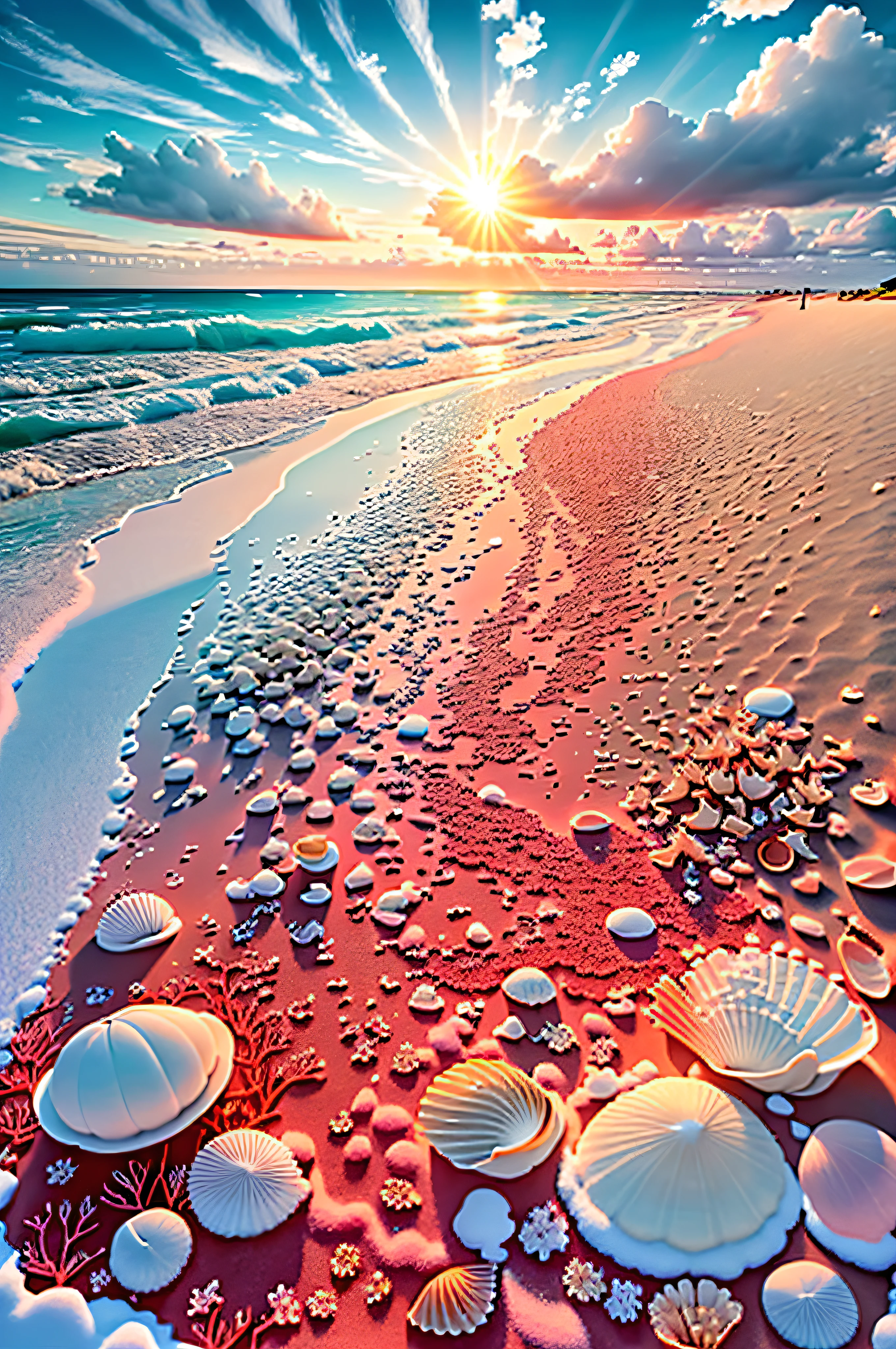 cena delicada,profundidade de campo, 8k, The ivory sky,nuvens brancas,e a luz do sol brilha na praia branca como a neve. O mar de corais,e muitas conchas coloridas na praia,rosas vermelhas, foco de rosas,