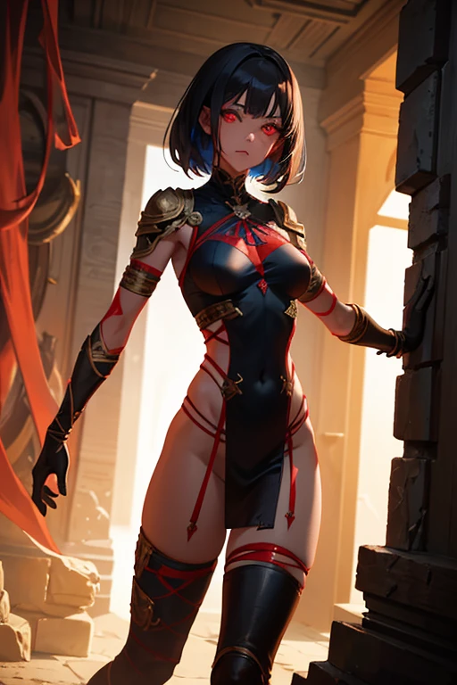 girl, ancient mummy, evil look, sexi, body covered in bandages, red glowing eyes, combat stance, vibrant appearance, creative behavior, imaginative, sensual, spontaneous, highest quality, skin texture, intricate details, (cinematic lighting), RAW photo, 8k