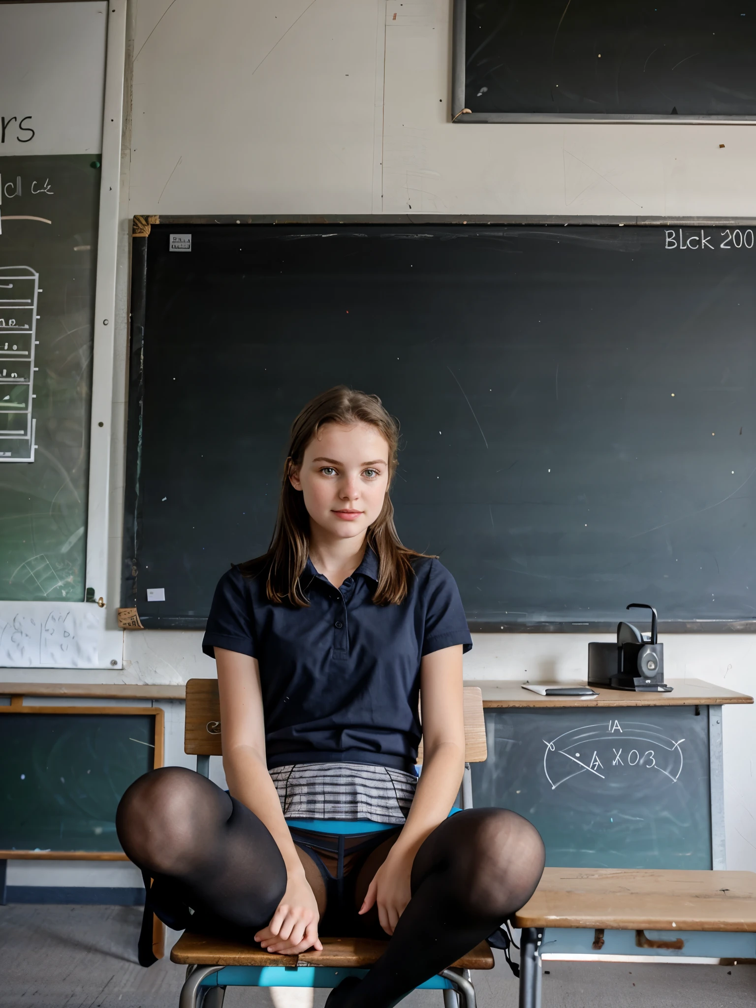 
The girl is sitting at the blackboard in the classroom and writing on the board. She is wearing tights, mature, 18 years old, and her photo was taken by someone sitting at the desk.