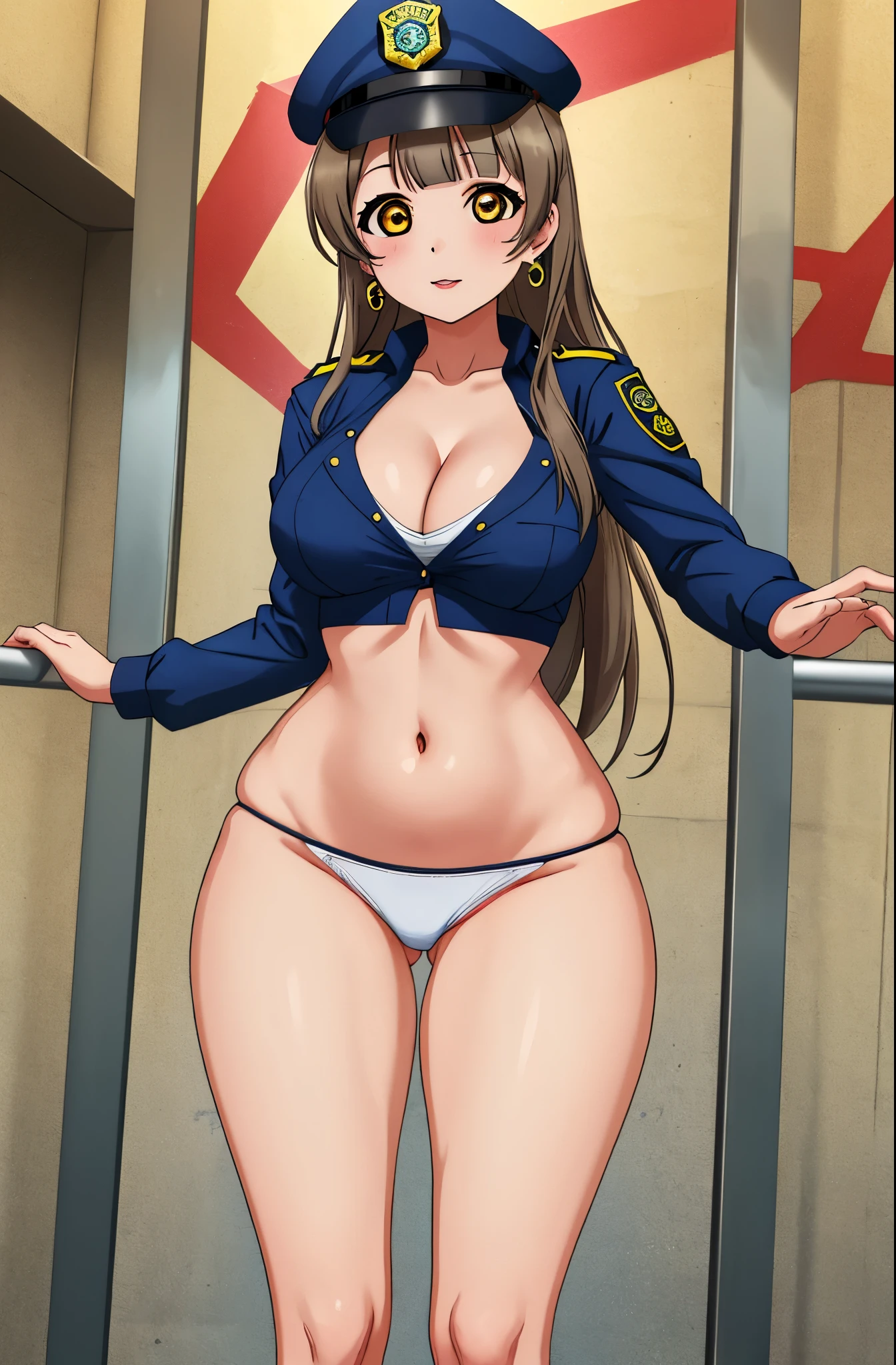 Masterpiece, best quality,(detailed face), minami kotori, curvy hourglass body , narrow waist,white crop top,half sleeves,earrings, thongs, standing, police cap,in police station, cowboy shot, thighs, wide hips , solo , navel, cleavage