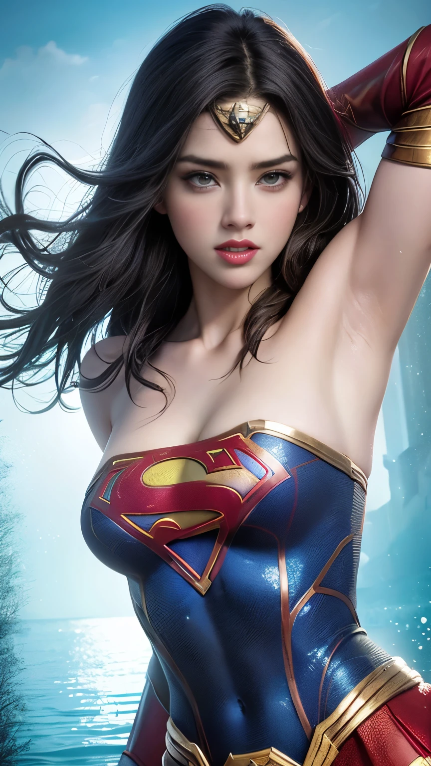 (La mejor calidad,A high resolution,Ultra - detallado,actual), tiene el rostro de AMBER HEARD Wonder woman ,(cabello rojo largo), (uhd, fondo de pantalla 8k, high resolution), cinematic lighting, physically based rendering, premiado, piel extremadamente detallada, cara extra detallada, lingerie bodysuit , pechos normales, ella porta un uniforme de super girl super man, Carl Zeiss 85 mm F/1.4,, (bajo el agua colors:1.4) ,(hermosos ojos azules), (pose vaquero ), (realistic) ,Arte detallado de alta calidad 8K, Fanart Mejor ArtStation, Fantasy art style , (supergirl:1.4), (bajo del mar peces ), (Amber HEARD de super girl:1.4), (bajo el agua burbujas:1.4) ,(cabello rojo largo:1.4), (rojo cabello) ,(super girl:1.4), (miniskirt rojo:1.4), (top rojo rasgada:1.4), (fondo cristales gigante blanco cuarzo:1.5) ,(cristales de cuarzo blanco) ,(convexo, Dedos detallados), (uniforme white supergirl ), (cabello largo white canoso:1.4)