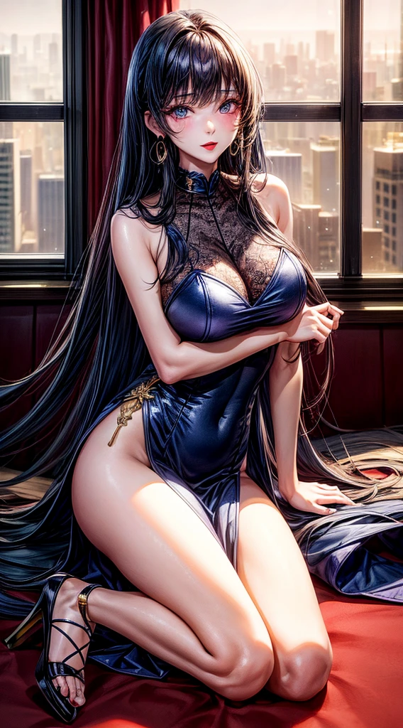 1girl, a Taiwanese supermodel, solo, with thick long navy blue hair, wearing a high-collar, shoulder-length, sleeveless, high-slit lace dress, revealing her natural big breasts, looking at the audience, bare shoulders, gold earrings, purple-gold High heels, two perfect long legs, bright blue eyes, heavy makeup and red lips. In front of the floor-to-ceiling windows behind is the night view of the city.