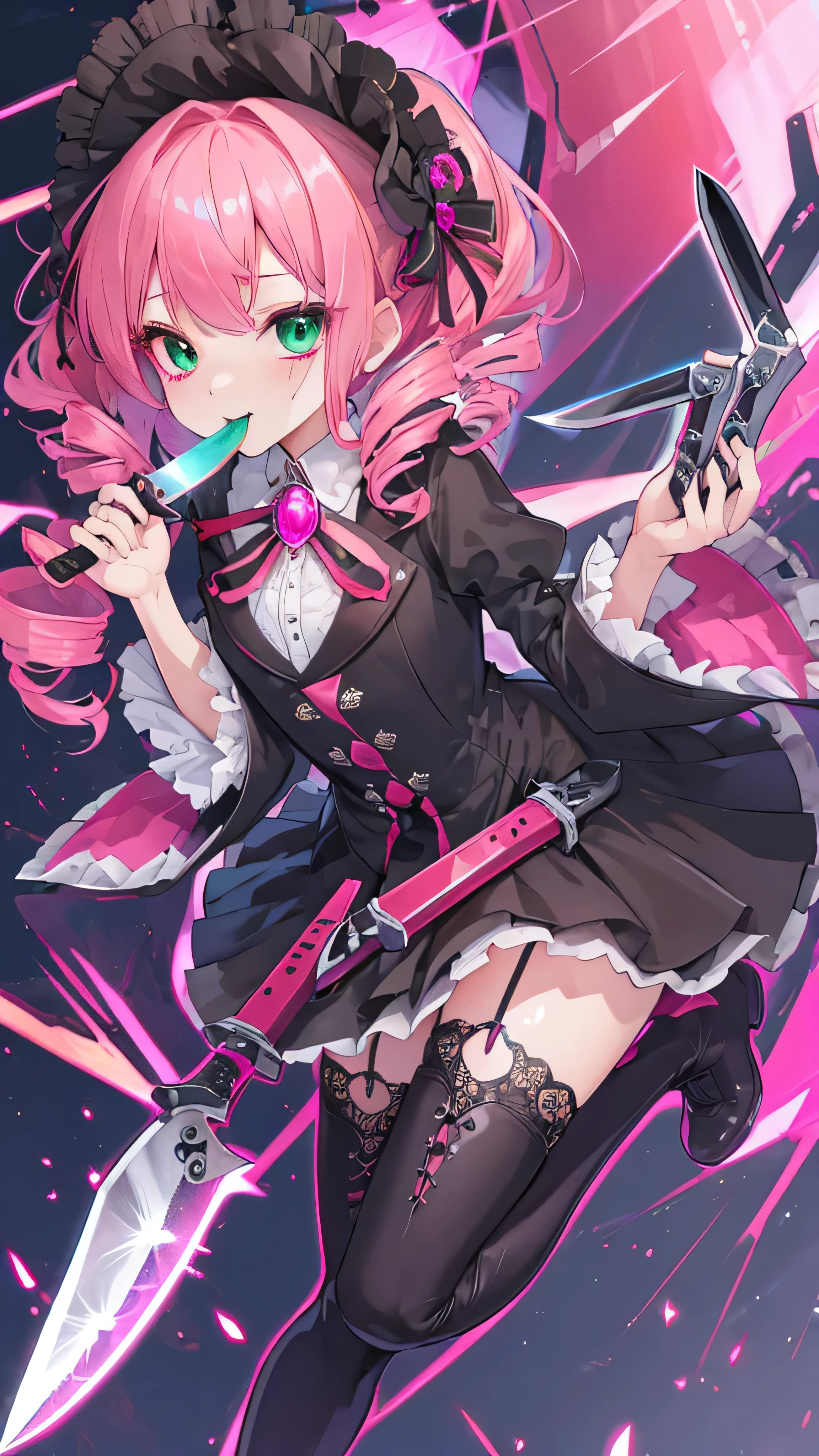 (((Highest quality ultra detailed,Unity 8k))),Twin Drill,emerald eye,blazer:1.1 (Gothic Lolita:1.2),lace up boots,pink hair,medium hair,((knife)),Licking one&#39;s lips,looking down, ((watching at Viewer:1.3)),looking down,smile,(((full body:1.3))),(Stanging:1.2 leaning forward),(((Western-style guest room))),blood stain on cheek