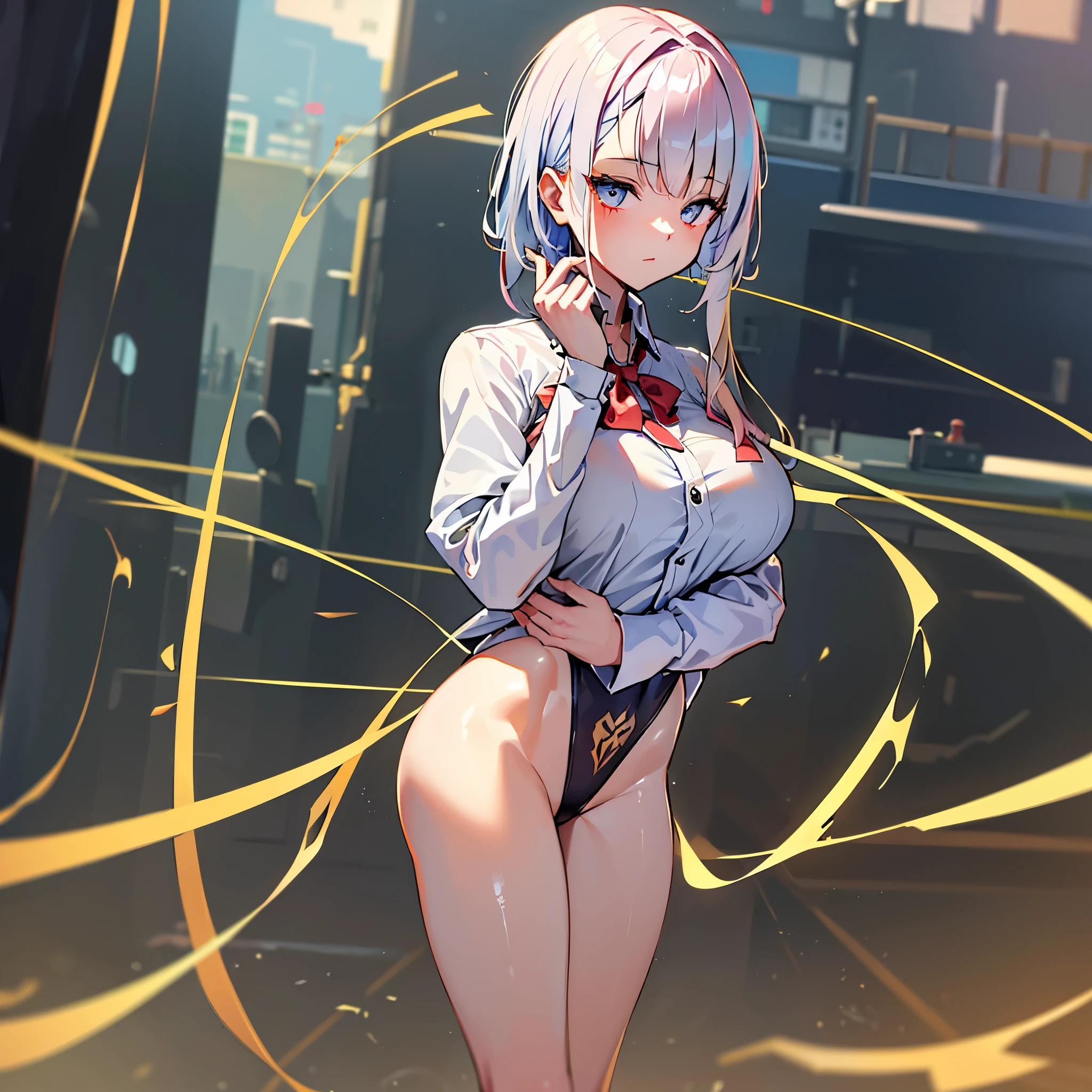(Very detailed CG ユニティ 8k 壁紙),(masterpiece),(highest quality),(Very detailed),(Best illustrations),(Best Shadow),(Absurd), alone、One Girl、High 、Short sleeve shirt、White shirt、Outdoor,High School Background,Blurred Background、yEvening、Big Breasts、Blonde,Messy wavy long hair、School zone、Returning Home、Shiny skin、Shiny texture