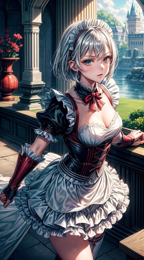 masterpiece, best quality, illustration, fighting pose, 1girl, noelle genshin impact, short silver hair, green eyes, maid skirt with red side parts, maid knight, maid knight armor, castle bridge, water,