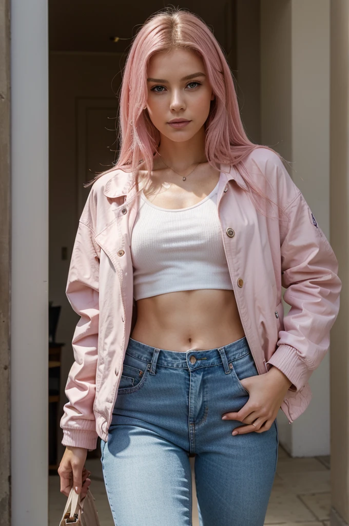 erstelle mir ein weibliches Model, Beautiful, pinke Haare, eine authentische Art, a light jeans and a white body with pink jacket different styles