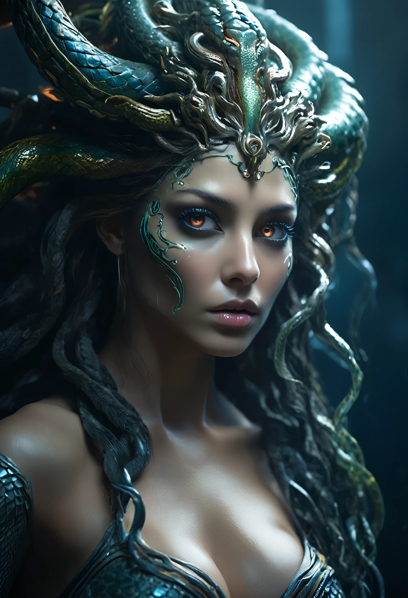 (highres,masterpiece:1.2),(realistic:1.37),(best quality, highres, ultra-detailed, realistic), mesmerizing cyberpunk dark fantasy, Medusa in all her sinister beauty, with six serpent arms gracefully intertwined. (Her radiant eyes:1.6), hypnotic and piercing, capture the essence of a demonic queen. The details of her face, meticulously crafted, reveal every delicate scale and unique pattern. The atmosphere surrounding her is filled with an otherworldly aura, bathed in a mix of neon lights and shadows. The backdrop resembles a movie scene, with hints of an ominous underworld. This portrait presents a close-up shot, focusing on the captivating visage of the goddess, portraying her as a captivating and formidable presence in the realms of darkness, the most beautiful face in the universe, erotic face, sensual face,（NSFW:1.3）