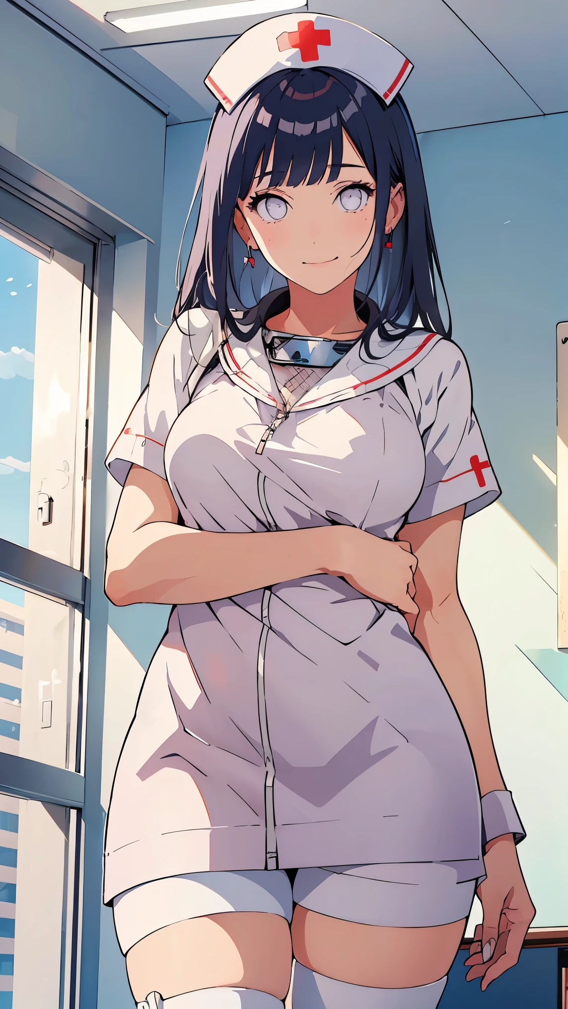 Girl1,Nurse, nurse cap, wearing white, ((white legs, Zetai Ryuki)), white gloves, standing, ((hospital room)), short sleeves,seductive smile,Eyes droop,Sharp outline,super detail,high quality,high details,best quality,1080P