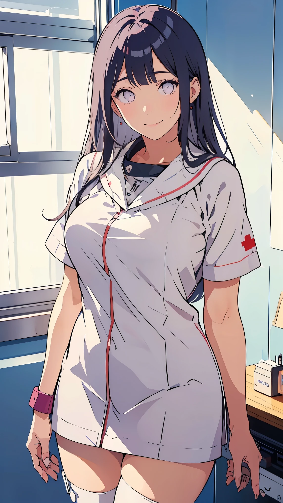 Girl1,Nurse, nurse cap, wearing white, ((white legs, Zetai Ryuki)), white gloves, standing, ((hospital room)), short sleeves,seductive smile,Eyes droop,Sharp outline,super detail,high quality,high details,best quality,1080P