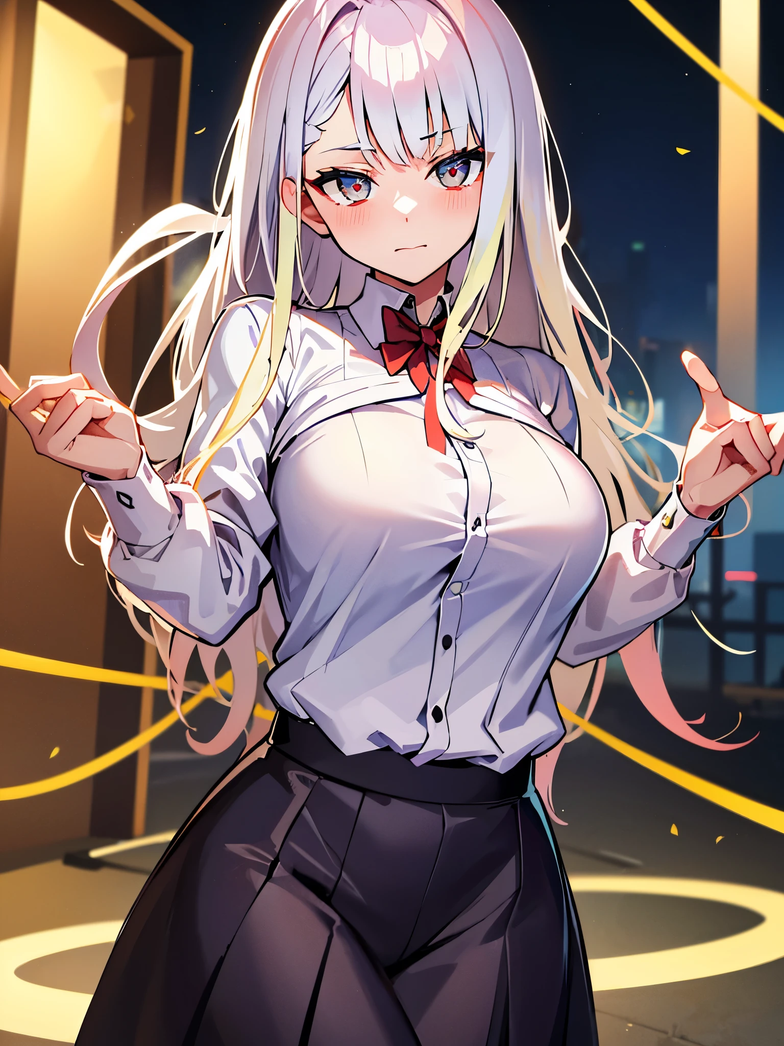 (Very detailed CG ユニティ 8k 壁紙),(masterpiece),(highest quality),(Very detailed),(Best illustrations),(Best Shadow),(Absurd), alone、One Girl、High 、Short sleeve shirt、White shirt、Outdoor,High School Background,Blurred Background、yEvening、Big Breasts、Blonde,Messy wavy long hair、School zone、Returning Home、Shiny skin、Shiny texture