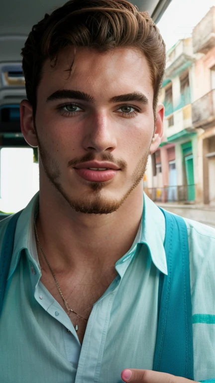 foto cruda, foto del hombre michael_yerger apoyado en el coche en cuba con un colorido traje de lino, 8k hd, DSLR, Soft lighting, alta calidad, film grain, Fujifilm XT3