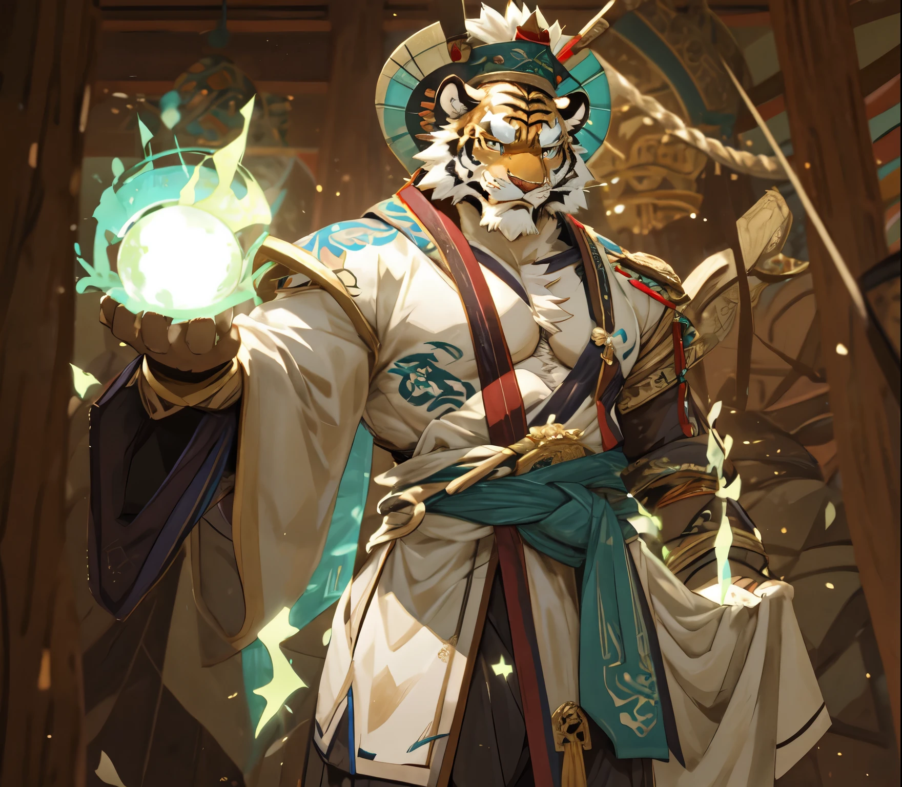 a close up of a elder tiger with a green light in its hand, onmyoji detailed art, inspired by Huang Shen, sun wukong, onmyoji, wukong, desert fighter ancient mage, heise jinyao, inspired by Du Jin, tabaxi monk, taoist priest, inspired by Hu Zaobin, inspired by Li Kan, huge crotch, veins, fluffy chest, Sexybody, muscular, anthropomorphic, extra detailed body, detailed body, Best quality, masterpiece, ultra high res,detailed background,realistic, real shadow and light, depth of field, (looking at viewer), Elder tiger.