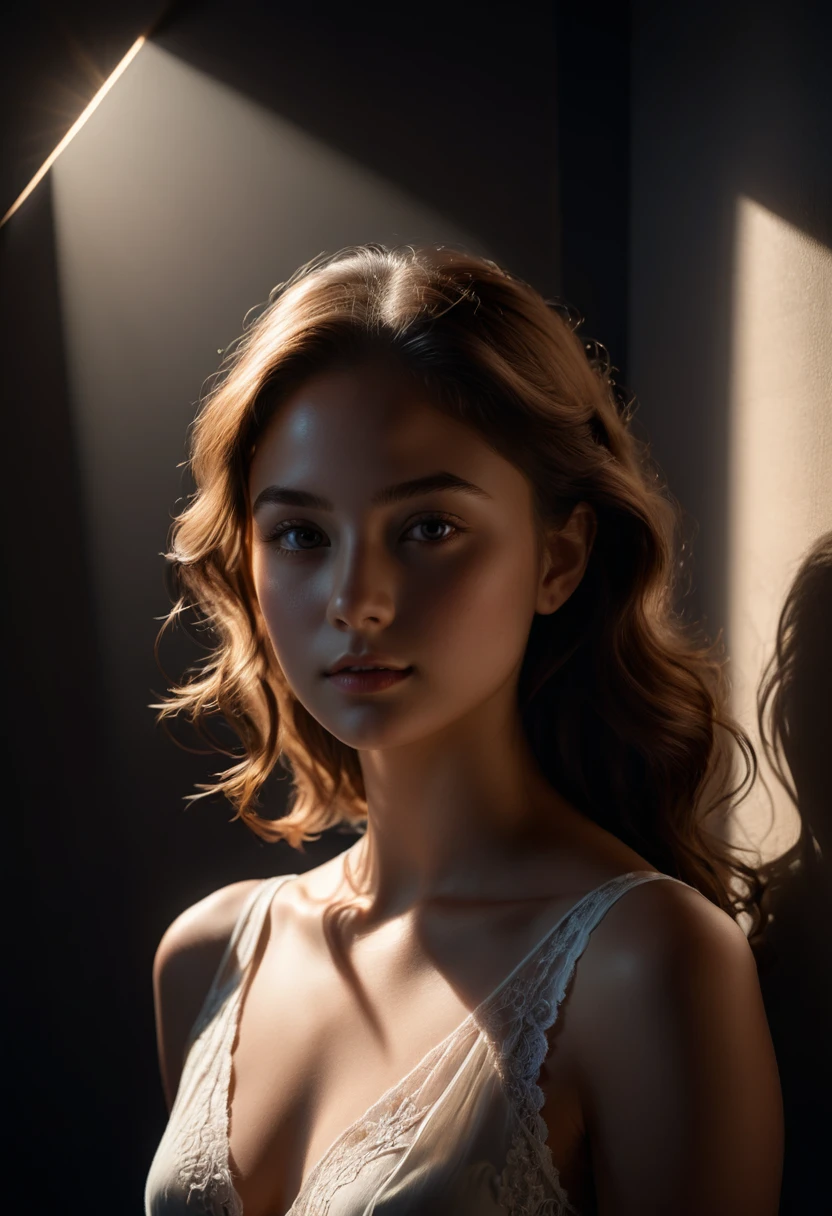 A striking portrait of a girl in a (dark room:1.2), illuminated solely by a (singular ray of sun:1.3), dramatic chiaroscuro, soft luminance on her face, deep contrasting shadows, intimate atmosphere, serene expression, Canon EOS R5, 1/250s, f/2.2, ISO 800, subtle texture details, nuanced skin tones, emotional depth, minimalist composition, timeless elegance, captivating simplicity, profound silence, masterful use of natural light, (masterpiece, best quality, perfect composition, very aesthetic, absurdres, ultra-detailed, intricate details, Professional, official art, Representative work:1.3)