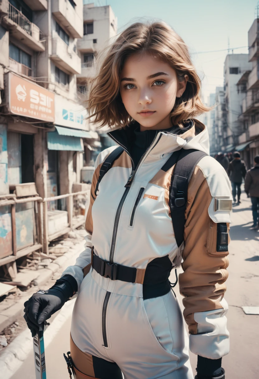analog photo, a cute girl, bihari, 18 years old, light brown hair, petite, small , ski suit, zoom layer cyberpunk city, vintage, faded film, film grain, polaroid, (white frame:0.9), (masterpiece, best quality, Professional, perfect composition, very aesthetic, absurdres, ultra-detailed, intricate details:1.3)