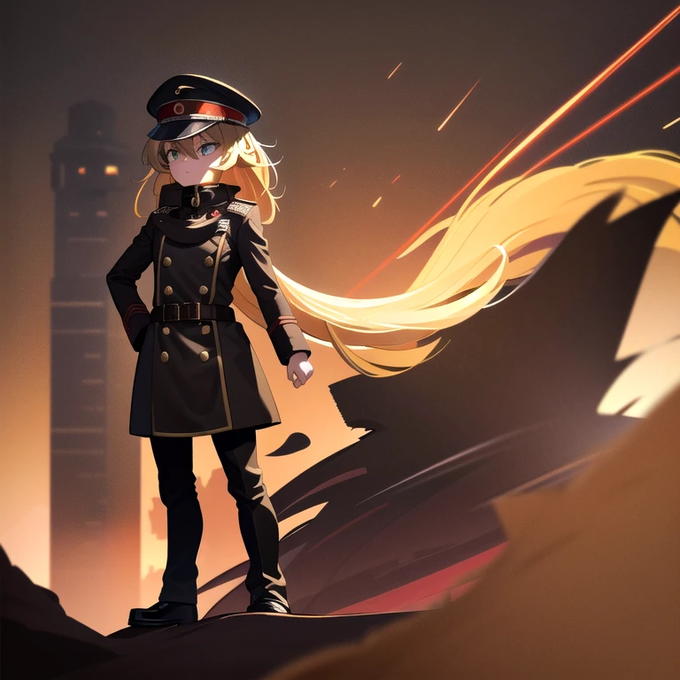 girl, Blonde hair back [(Brown coat) + (Black shoes) + (Dark brown trousers) + (Black paws) + (Brown military hat) + (Red star: 0.9)], Golden light and shadow, Desert war background, Sandstorm, Wind gusts dynamics, Bright sunlight dim background light, Full of wild sense photography angle.