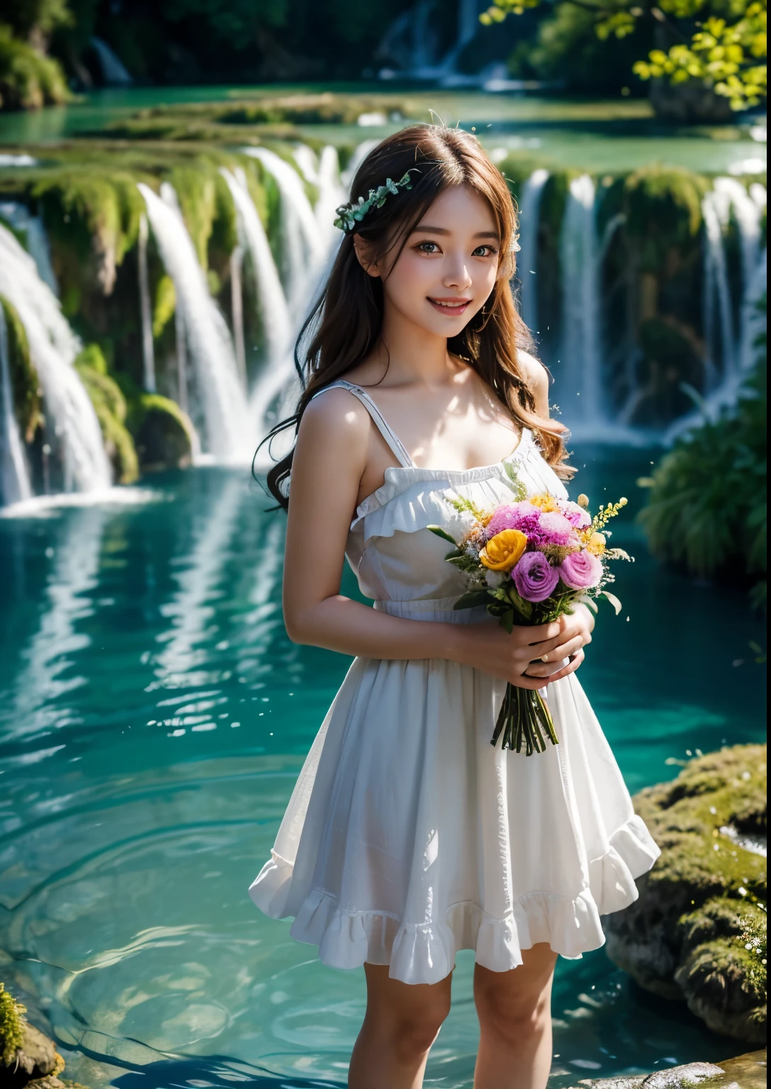 best quality,4k,8k,highres,masterpiece:1.2,ultra-detailed,realistic:1.37,portraits,colorful,soft light,Korean girl, ((Plitvice Waterfalls, Croatia)),((standing in middle of Plitvice Waterfalls)), flowing hair,beautiful detailed eyes,beautiful detailed lips,longeyelashes,natural beauty,fresh and vibrant, (Rahee Bohemian Ruffle Mini Dress), holding a bouquet of flowers,pure happiness,Australian wilderness,serene atmosphere,cascading water,emerald green,refreshing mist,peaceful retreat,harmony with nature,sunset silhouette,enchanting scenery,romantic mood,((smile:1.2)),((full body closeup shot)), realistic face, realistic skin