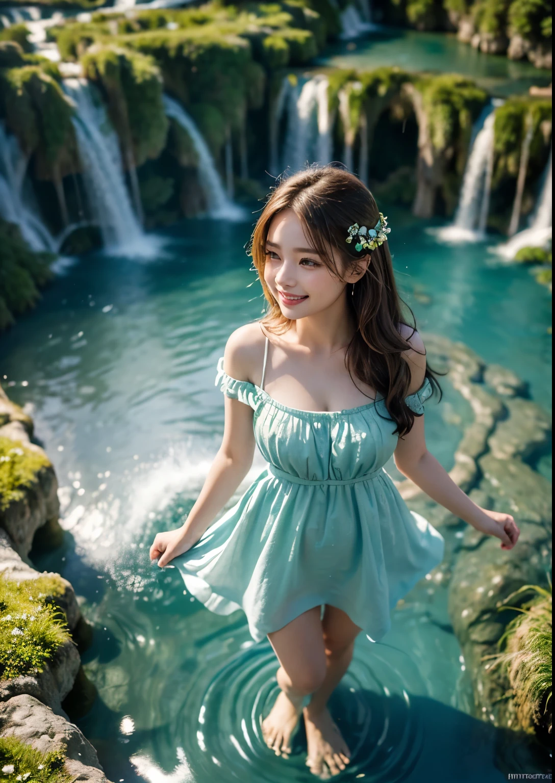 1 cute and beautiful girl, 20 years old, frolicking in clear river water, happy, open natural scenery, super HD