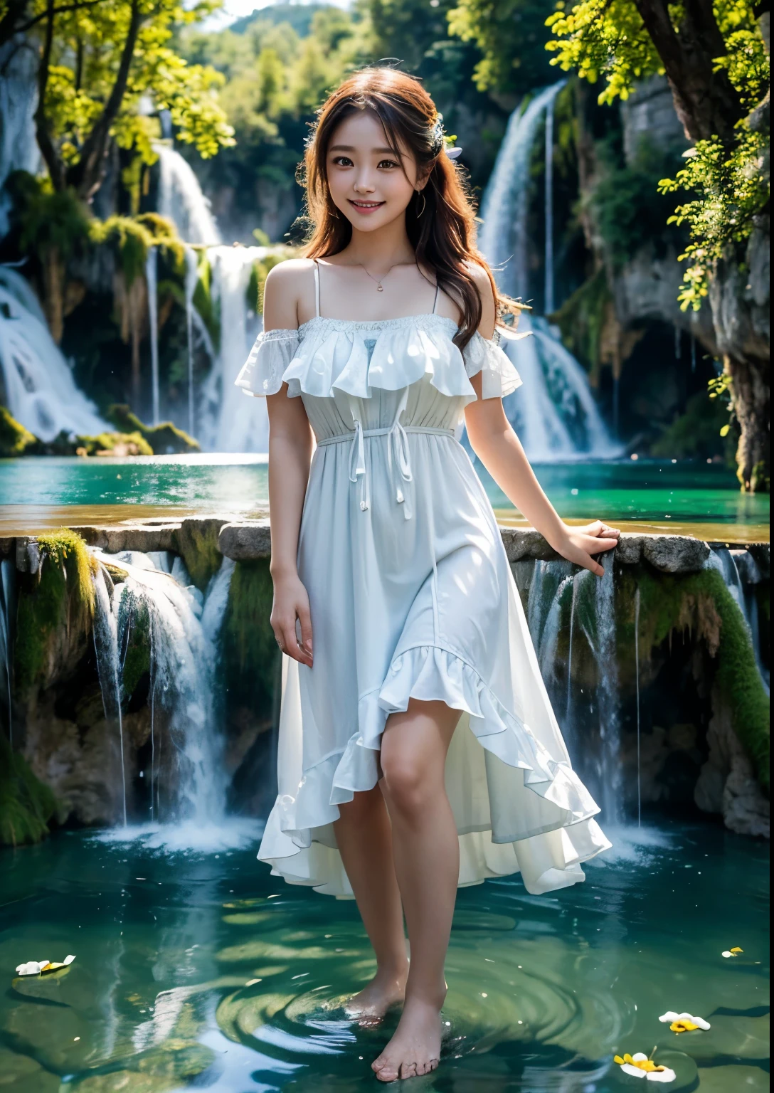 best quality,4k,8k,highres,masterpiece:1.2,ultra-detailed,realistic:1.37,portraits,colorful,soft light,Korean girl, ((Plitvice Waterfalls, Croatia)),((standing in middle of Plitvice Waterfalls)), flowing hair,beautiful detailed eyes,beautiful detailed lips,longeyelashes,natural beauty,fresh and vibrant, (Rahee Bohemian Ruffle Mini Dress), holding a bouquet of flowers,pure happiness,Australian wilderness,serene atmosphere,cascading water,emerald green,refreshing mist,peaceful retreat,harmony with nature,sunset silhouette,enchanting scenery,romantic mood,((smile:1.2)),((full body closeup shot)), realistic face, realistic skin