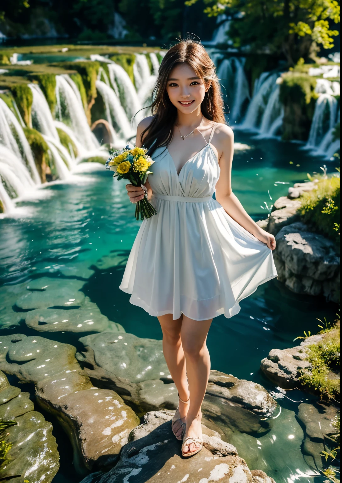 best quality,4k,8k,highres,masterpiece:1.2,ultra-detailed,realistic:1.37,portraits,colorful,soft light,Korean girl, ((Plitvice Waterfalls, Croatia)),((standing in middle of Plitvice Waterfalls)), flowing hair,beautiful detailed eyes,beautiful detailed lips,longeyelashes,natural beauty,fresh and vibrant, (Logo Open Collar Short Dress), holding a bouquet of flowers,pure happiness,Australian wilderness,serene atmosphere,cascading water,emerald green,refreshing mist,peaceful retreat,harmony with nature,sunset silhouette,enchanting scenery,romantic mood,((smile:1.2)),((full body shot))
