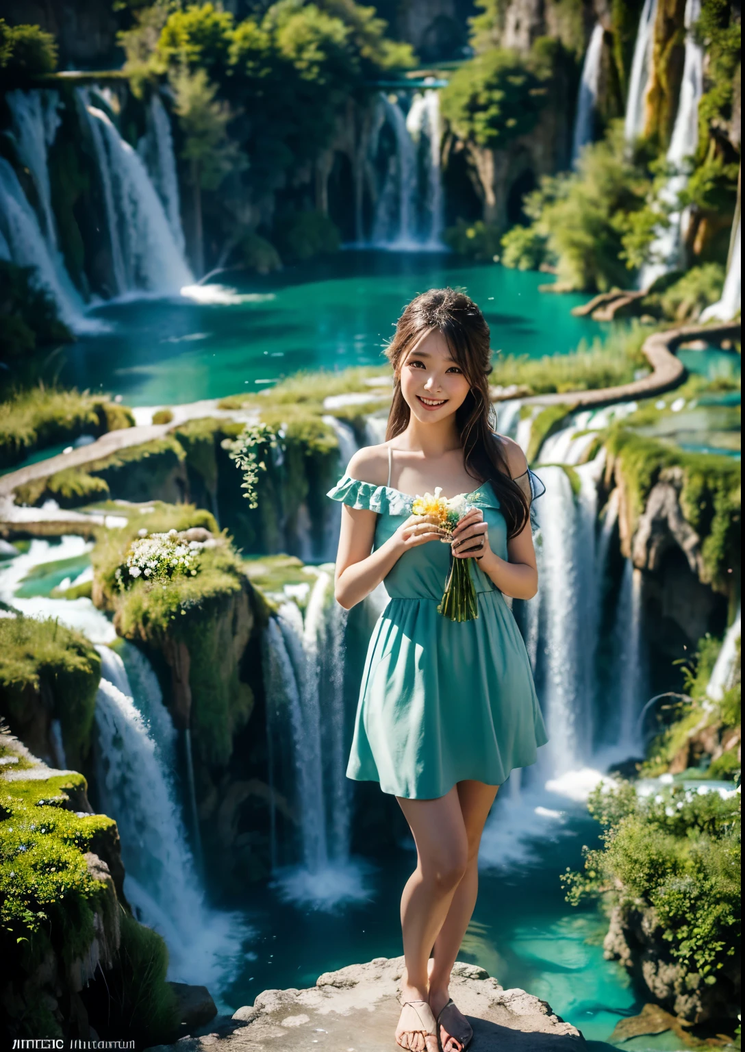 best quality,4k,8k,highres,masterpiece:1.2,ultra-detailed,realistic:1.37,portraits,colorful,soft light,Korean girl, ((Plitvice Waterfalls, Croatia)),((standing in middle of Plitvice Waterfalls)), flowing hair,beautiful detailed eyes,beautiful detailed lips,longeyelashes,natural beauty,fresh and vibrant, (Logo Open Collar Short Dress), holding a bouquet of flowers,pure happiness,Australian wilderness,serene atmosphere,cascading water,emerald green,refreshing mist,peaceful retreat,harmony with nature,sunset silhouette,enchanting scenery,romantic mood,((smile:1.2)),((full body shot))