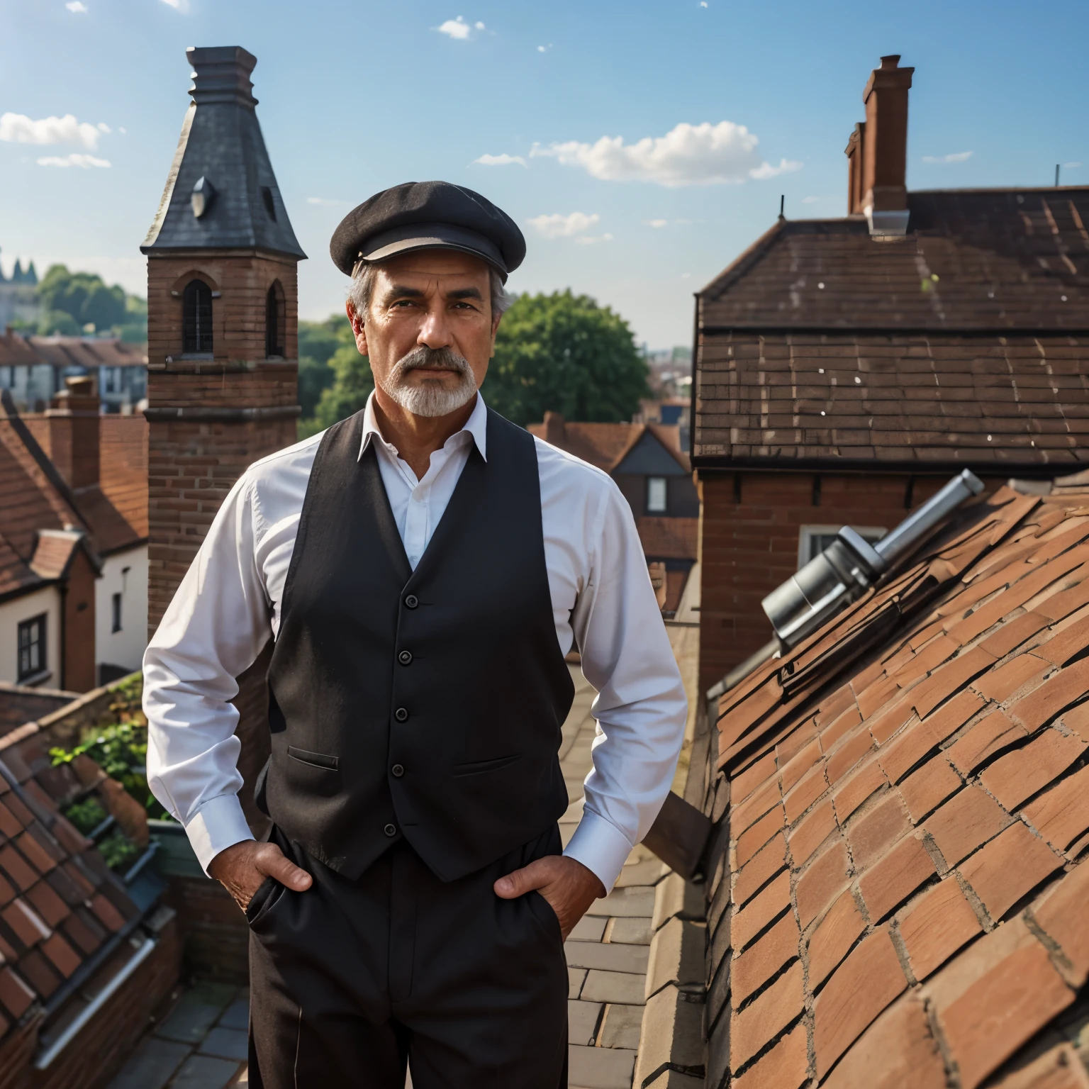Create an ultra-realistic image that looks like a high-resolution photograph of a chimney sweep at work. The scene is set on a rooftop during a bright, sunny morning. The chimney sweep, a middle-aged Caucasian man, is dressed traditionally with a black buttoned-up shirt, dark trousers, and a flat cap. He is holding a long, black chimney brush. His face shows focus and professionalism. Around him, there are old, red brick chimneys and the background shows a panoramic view of a quaint European town with visible historic architecture. The sunlight should enhance the textures of the bricks and the fabric of the sweep's clothing, capturing the play of shadows and the intricate details of the scene