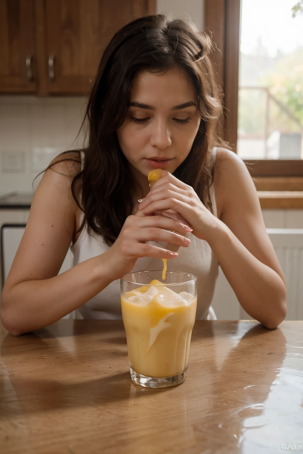 ((mejor calidad)), ((Obra maestra)), (detallado), cara perfecta, mujer, 20 years, comiendo hielo